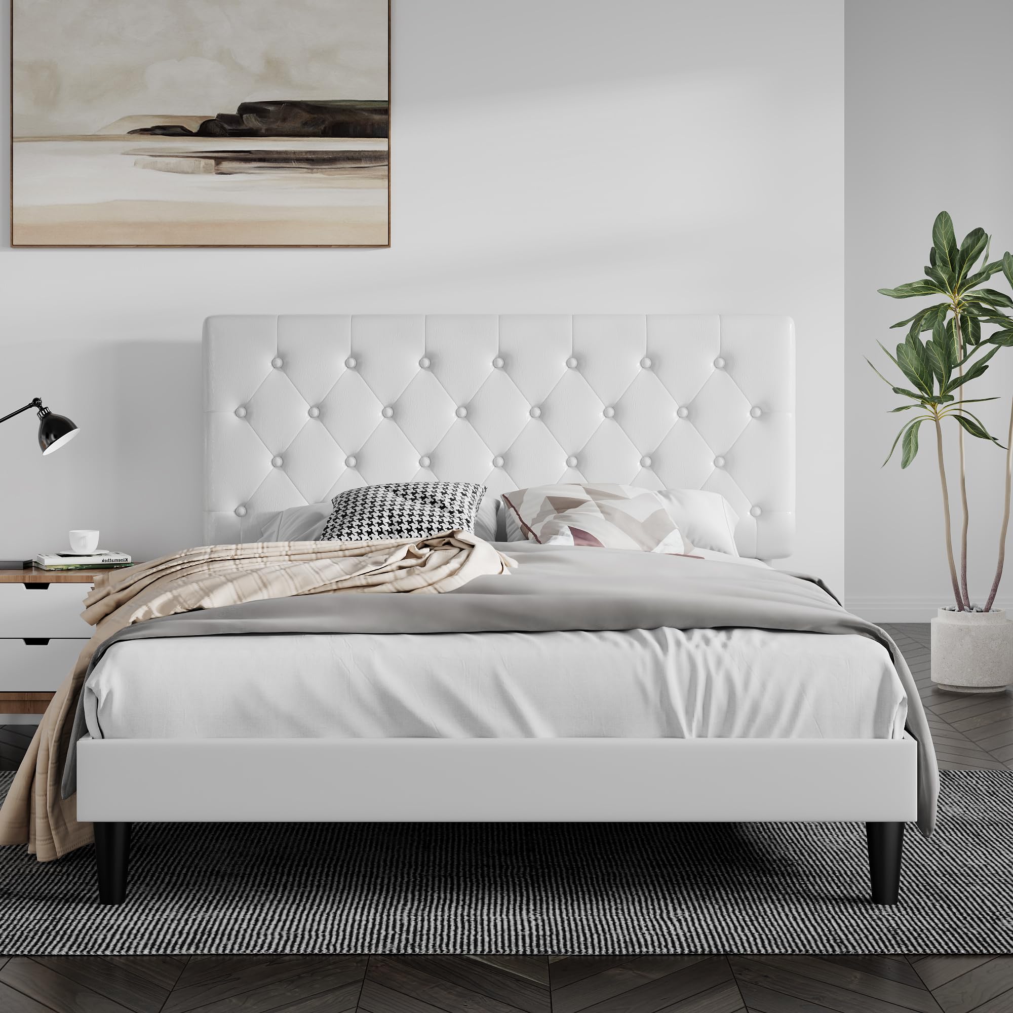 Queen Size Bed Frame with Button Tufted Headboard - Faux Leather Upholstered Platform Bed with Wooden Slat Support, No Box Spring Needed (White) - Perfect for Modern Bedrooms, Guest Rooms & Small Spaces