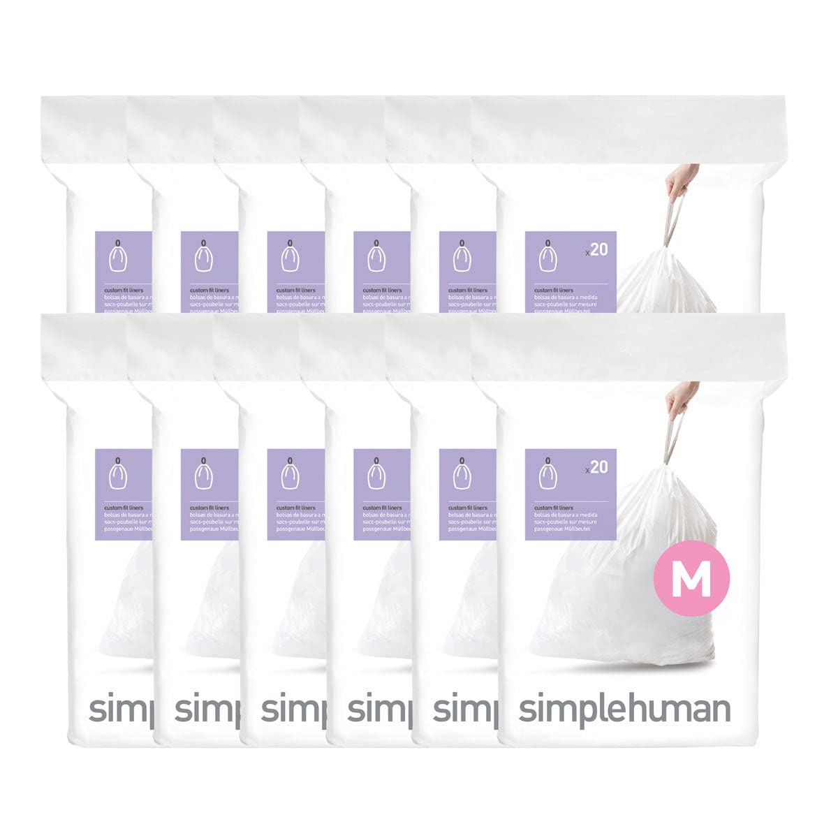 simplehuman Code M Custom Fit Liners - Extra Strong Tall Kitchen Trash Bags (45L/12G, 240 Count) | Durable Waste Disposal for Home & Office Use
