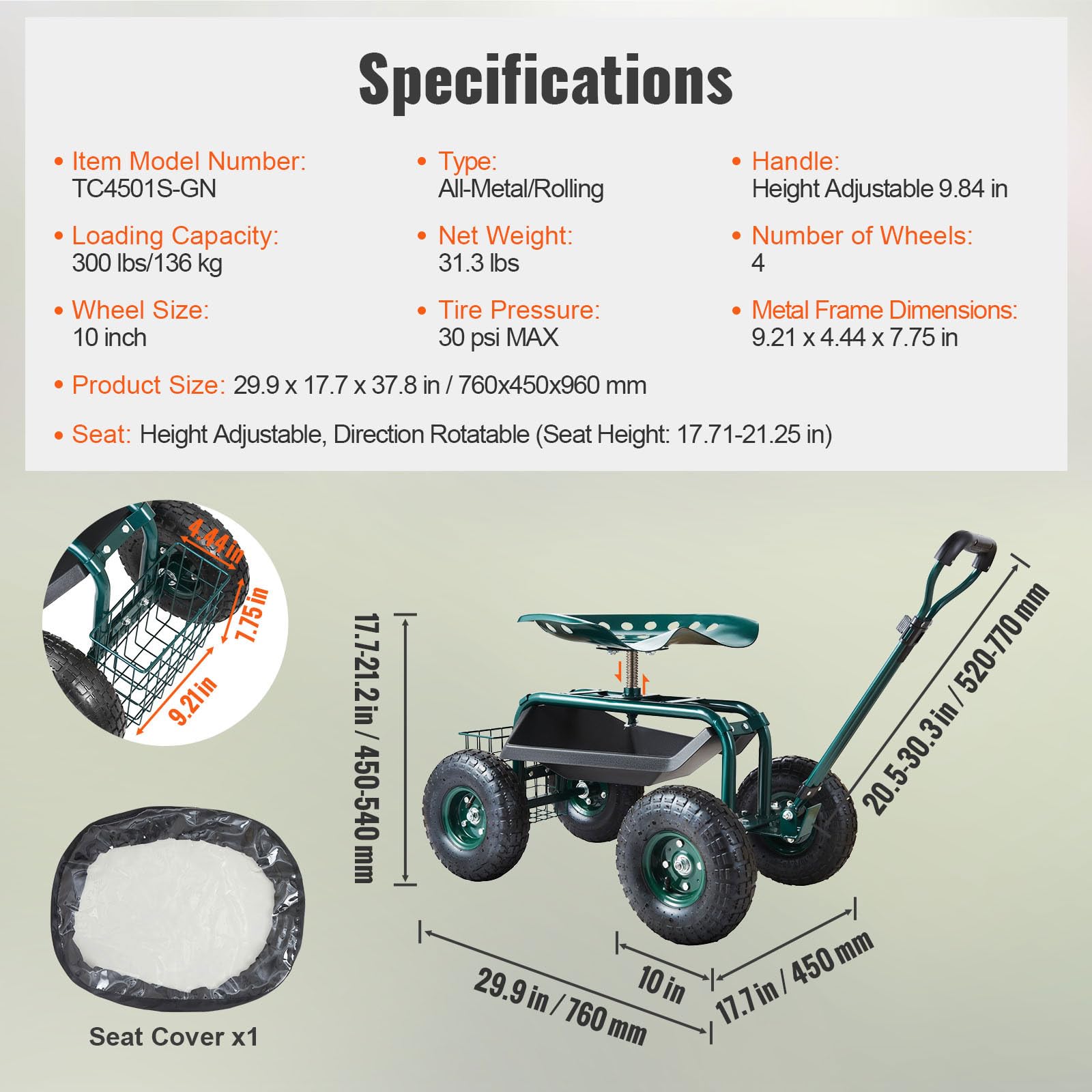 VEVOR Garden Cart Rolling Workseat with Wheels - 360° Swivel Gardening Stool with Tool Tray & Steering Handle - Heavy Duty Outdoor Utility Wagon for Planting, Yard Work, Patio Maintenance & Landscaping - Green