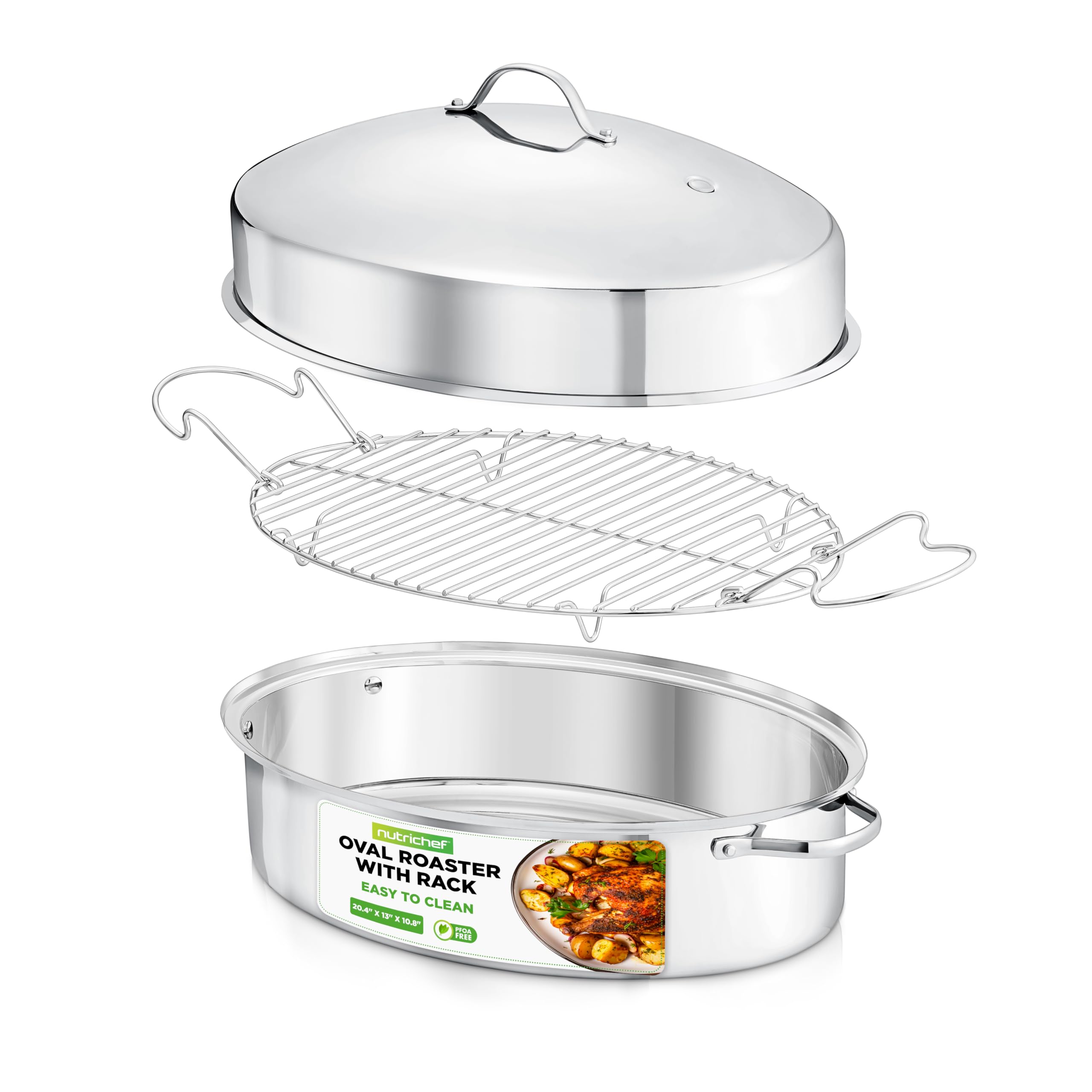 NutriChef 20-Inch Stainless Steel Oval Roasting Pan with Rack & Lid - Heavy Duty Turkey Roaster Pan for Oven, Dishwasher Safe Cookware for Chicken, Beef, Stews - Perfect for Thanksgiving, Holiday Dinners & Family Gatherings