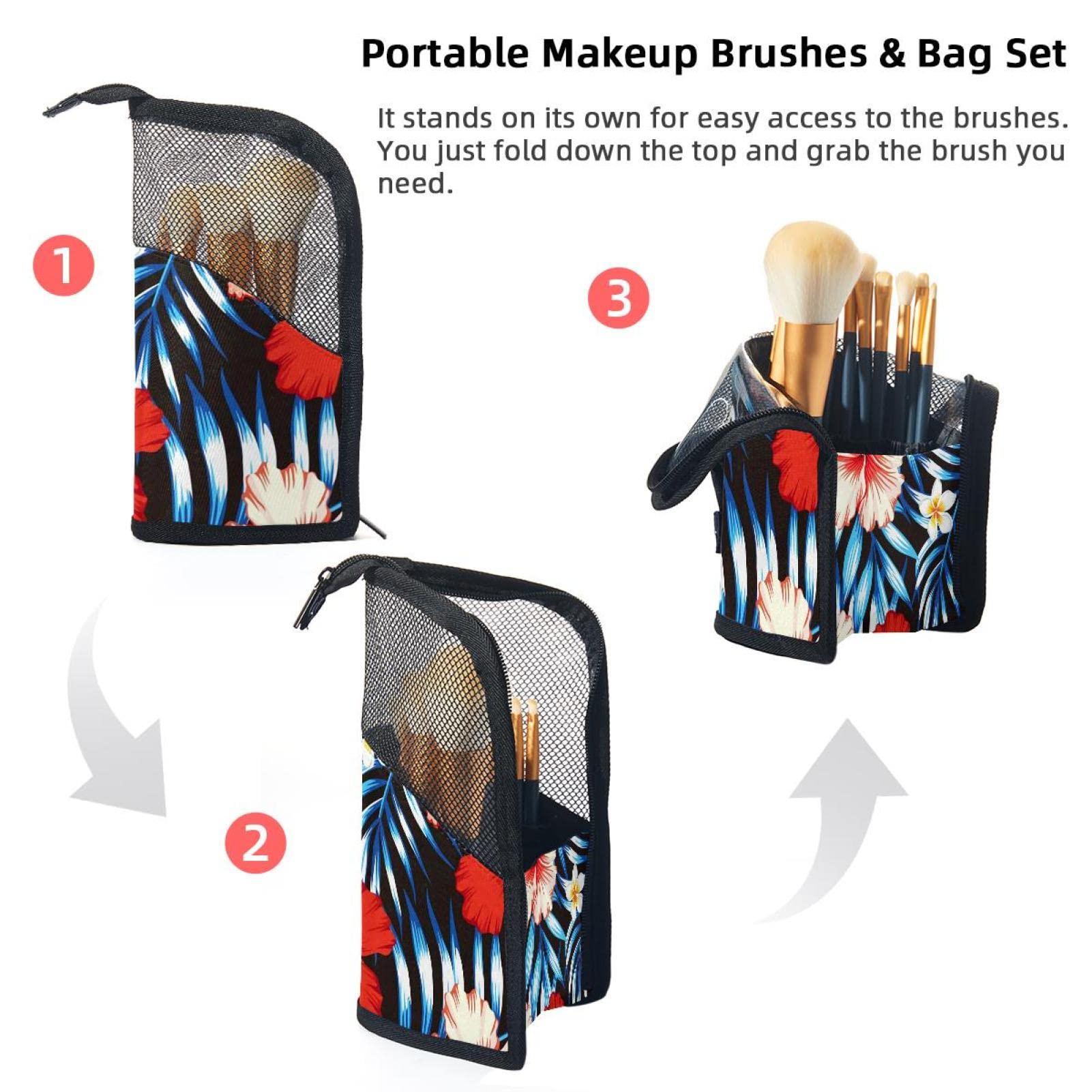 12-Piece Makeup Brush Organizer Bag with Holder Case - Floral Design in Blue, Red & Pink | Portable Cosmetic Brush Storage for Travel & Home Use