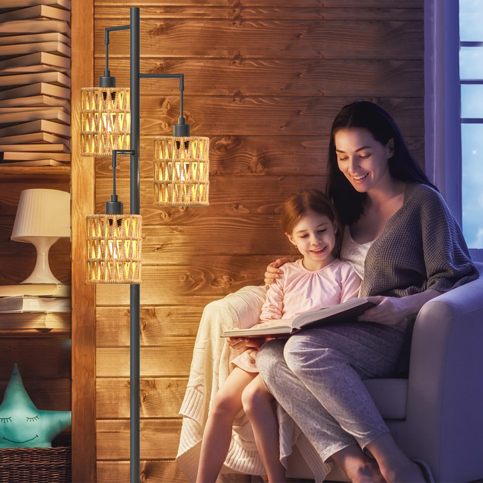 CNXIN 3-Light Boho Rattan Floor Lamp with Wood Lampshades & Foot Switch - 6W Bulbs Included - Tall Standing Tree Lamp for Living Room, Bedroom, Office - Perfect for Cozy Reading Nooks & Relaxing Spaces