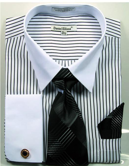 Men's Black Pinstripe Dress Shirt with White Collar - Formal Office Wear & Business Attire for Professional Men
