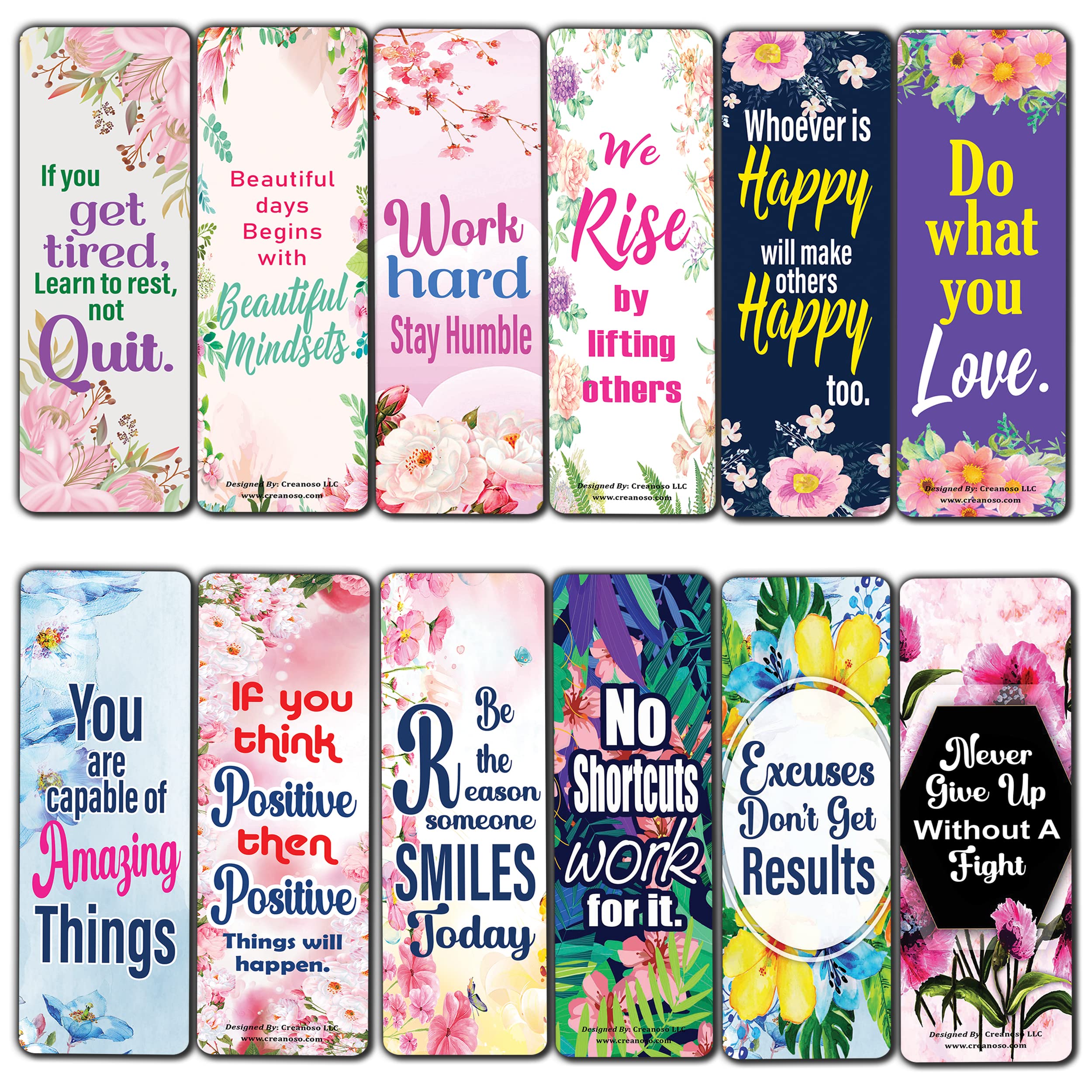 Creanoso Inspirational Flower Bookmarks Set (12 Cards) - Motivational Quote Cards for Books - Perfect Bookmark Gifts for Kids & Teens - Ideal for Reading, School, and Daily Encouragement