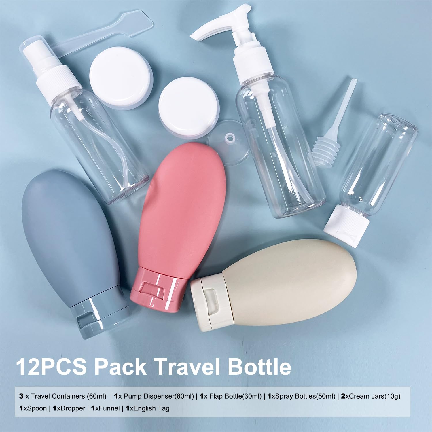 12-Pack TSA Approved Leakproof Travel Bottles (2oz) - Refillable Plastic Toiletry Containers for Shampoo, Skincare & Cream - Perfect Travel Size Toiletries Kit for Women | Ideal for Air Travel, Gym, Camping & Vacation Essentials