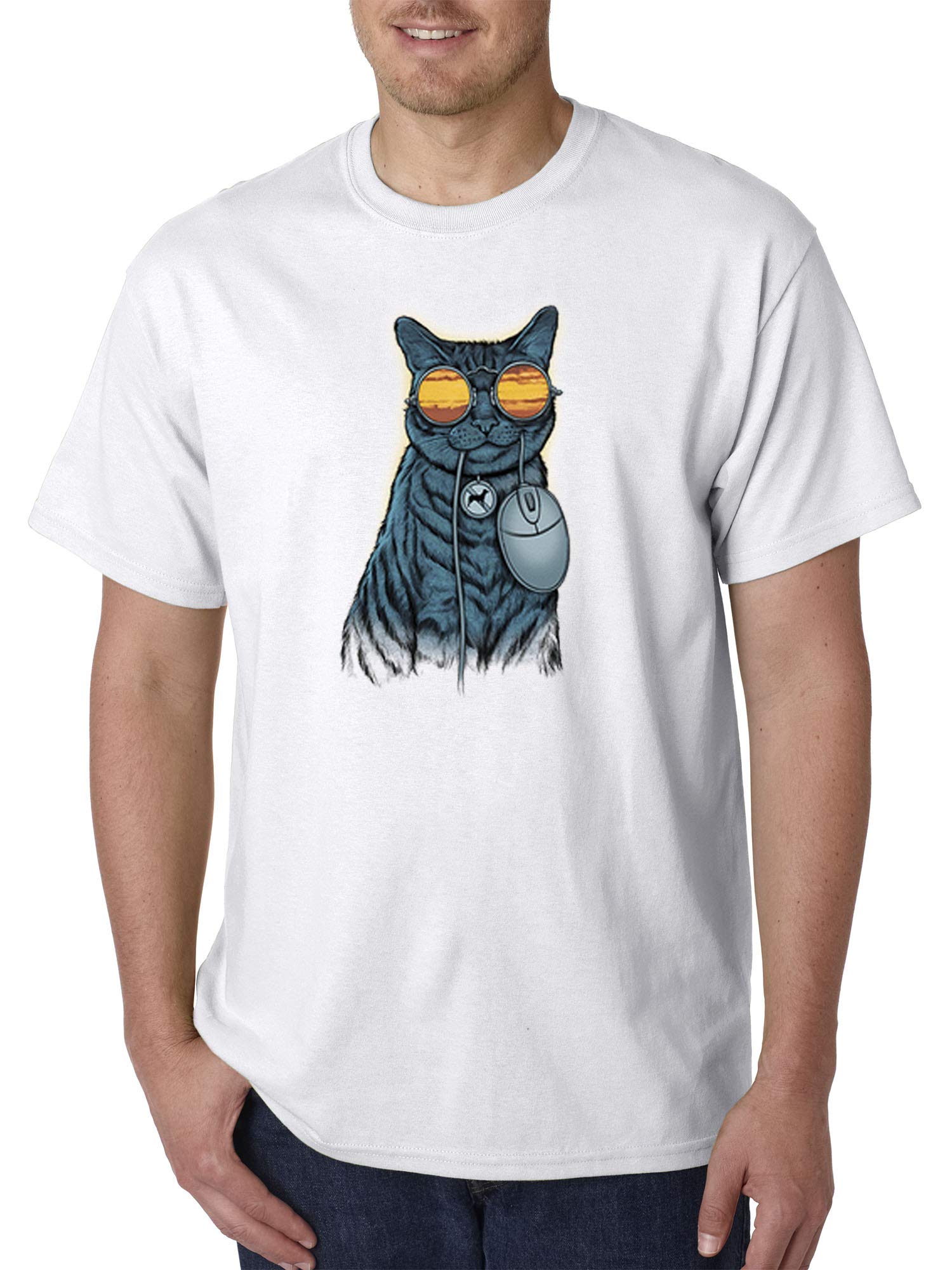 True Way 1524 - Funny Cat and Mouse Computer Pun Unisex T-Shirt | Humorous Graphic Tee for Men & Women | Large White Cotton Shirt for Tech Lovers, Office Wear & Casual Outfits