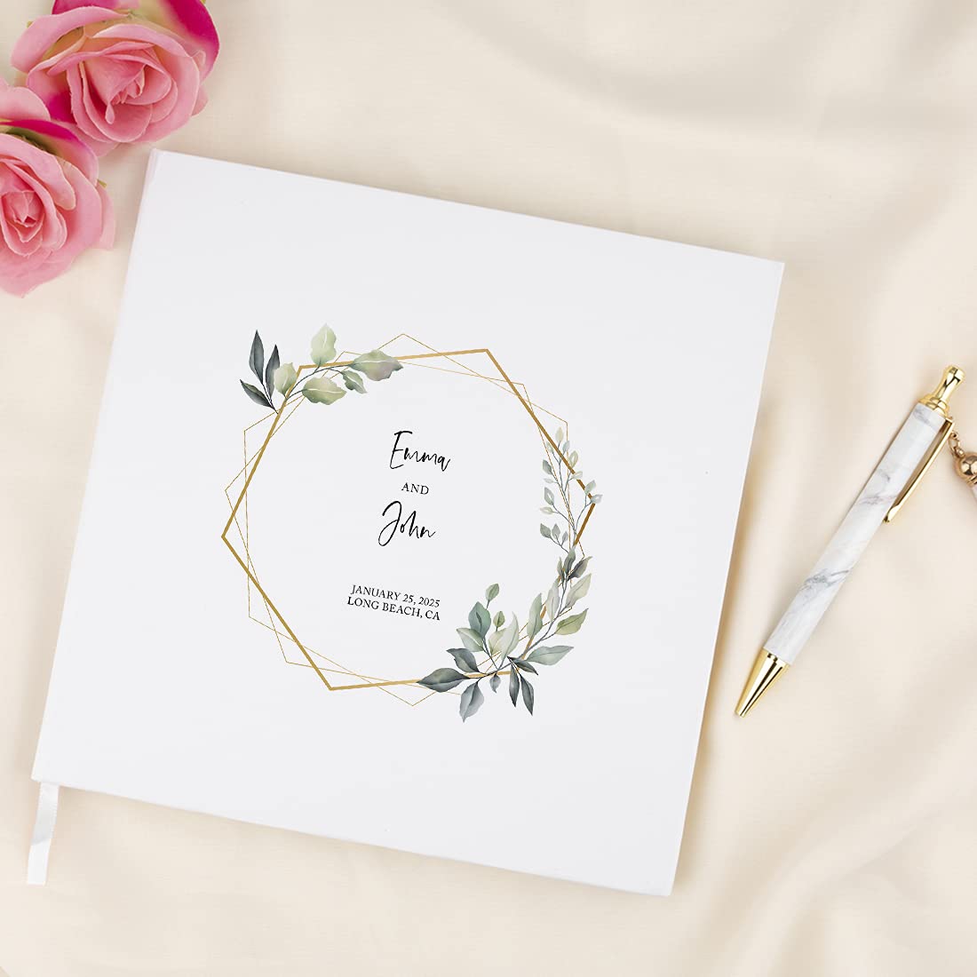 Personalized Wedding Guest Book with Gold Foil Accents - Geometric Greenery Design White Guest Sign-in Book, 120 Pages 8.5
