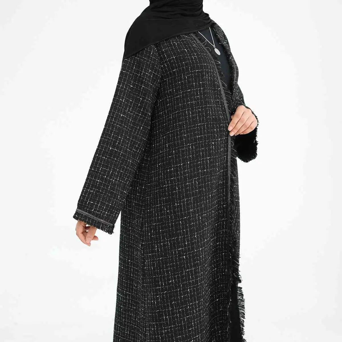 Winter Fall Thick Tassel Tweed Cardigan Open Abaya Coat - Women's Fashion Outerwear for Cold Weather, Layering & Modest Style