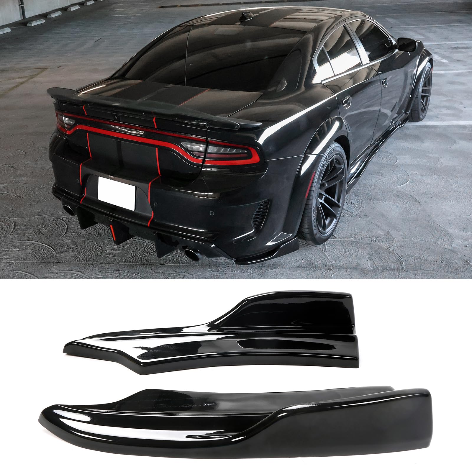 FREEMOTOR802 Rear Diffuser for 2020-2023 Dodge Charger Widebody - Gloss Black PP Bumper Lip with 4 Fins & Side Apron Spats | IKON Style Upgrade | Enhances Aerodynamics & Sporty Look for Street Racing & Car Shows