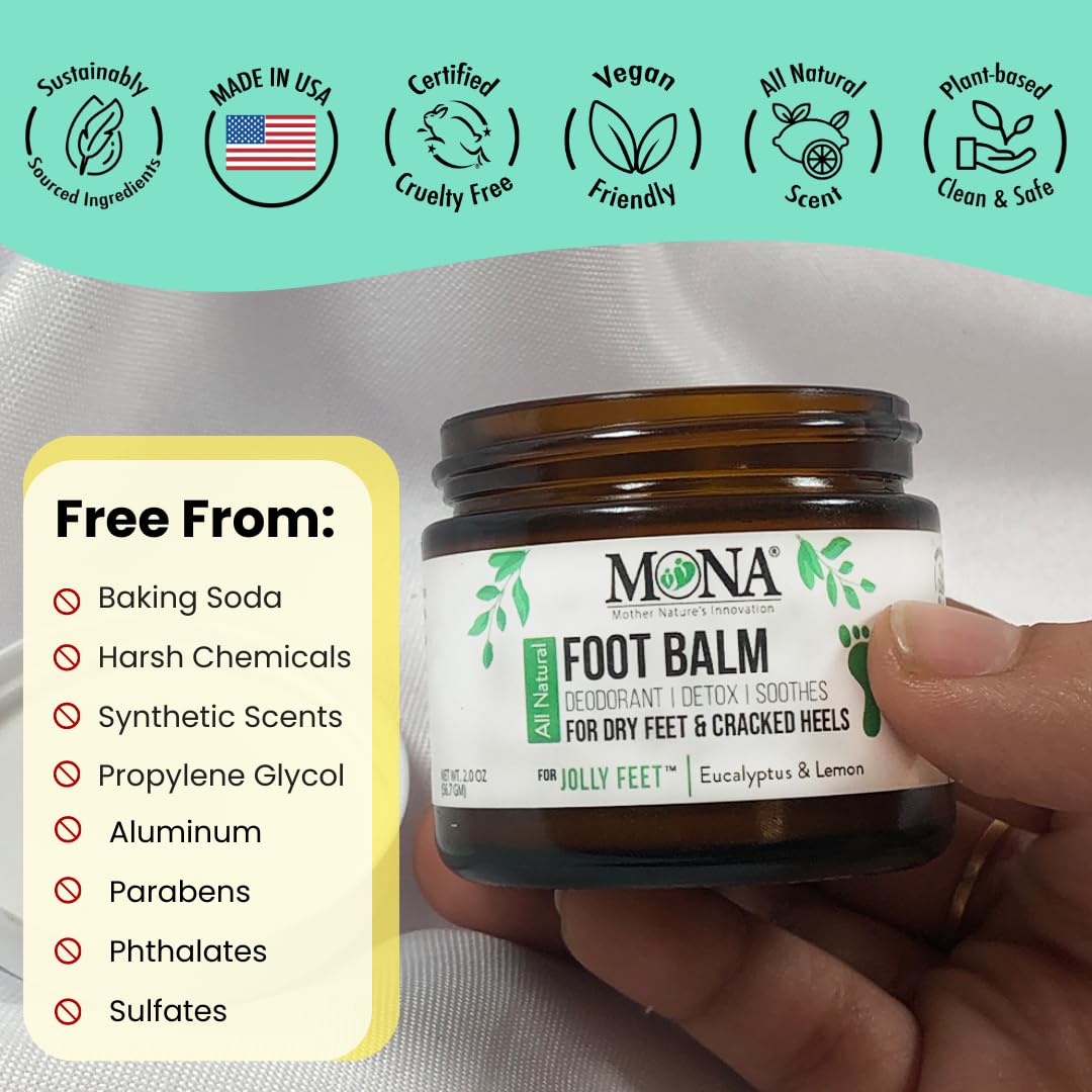 MONA Natural Foot Balm for Dry Cracked Feet & Heels - Moisturizing Foot Cream for Athletes & Runners - Callus Repair & Foot Odor Treatment with Eucalyptus & Lemon - 2.0 Oz - Perfect for Post-Workout Recovery & Daily Foot Care