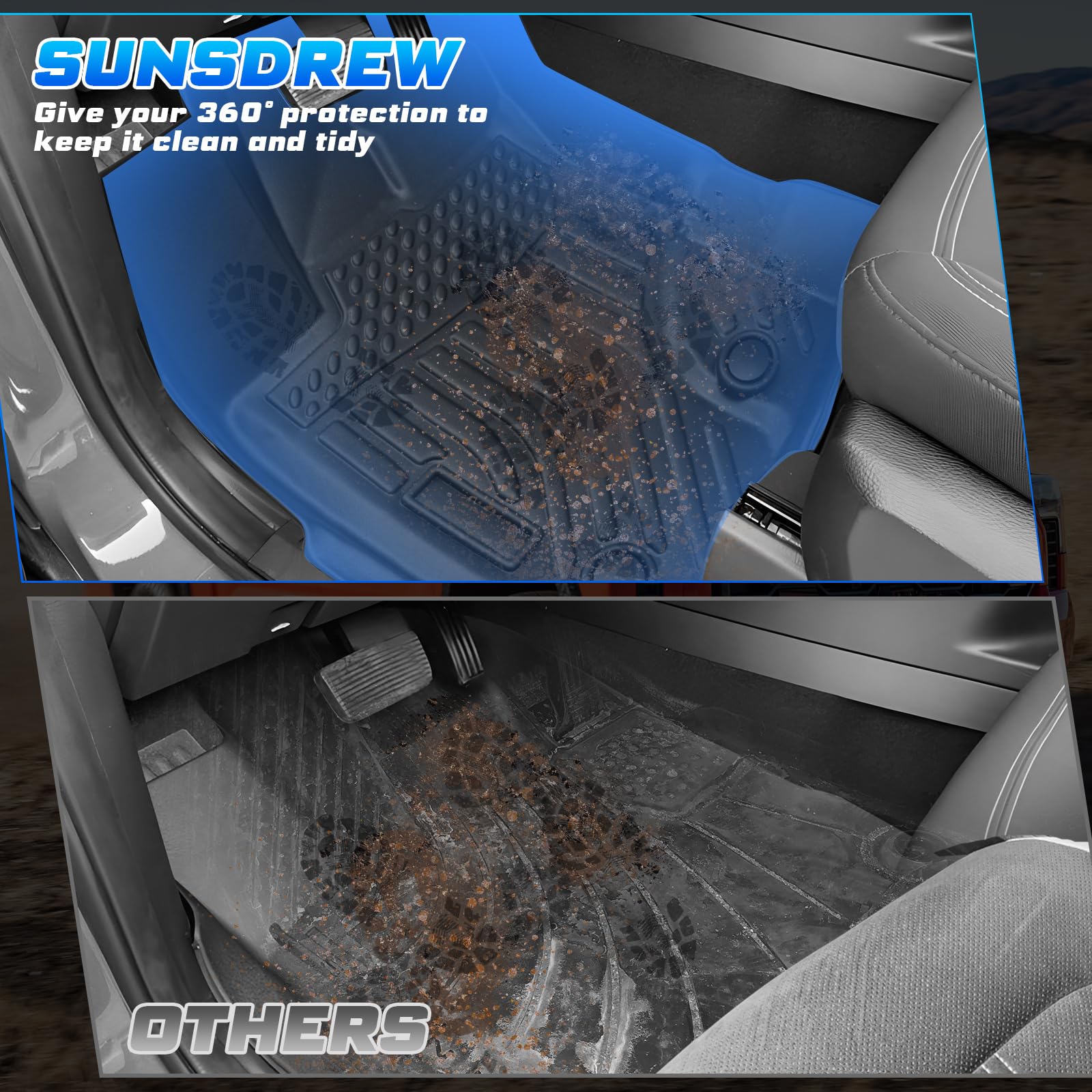 2019-2023 Ford Ranger SuperCrew All Weather Floor Mats - Heavy Duty 3PCS Front & 2nd Row Car Mats Set, Non-Slip Black Rubber Liners - Perfect for Off-Roading, Camping & Daily Driving Protection