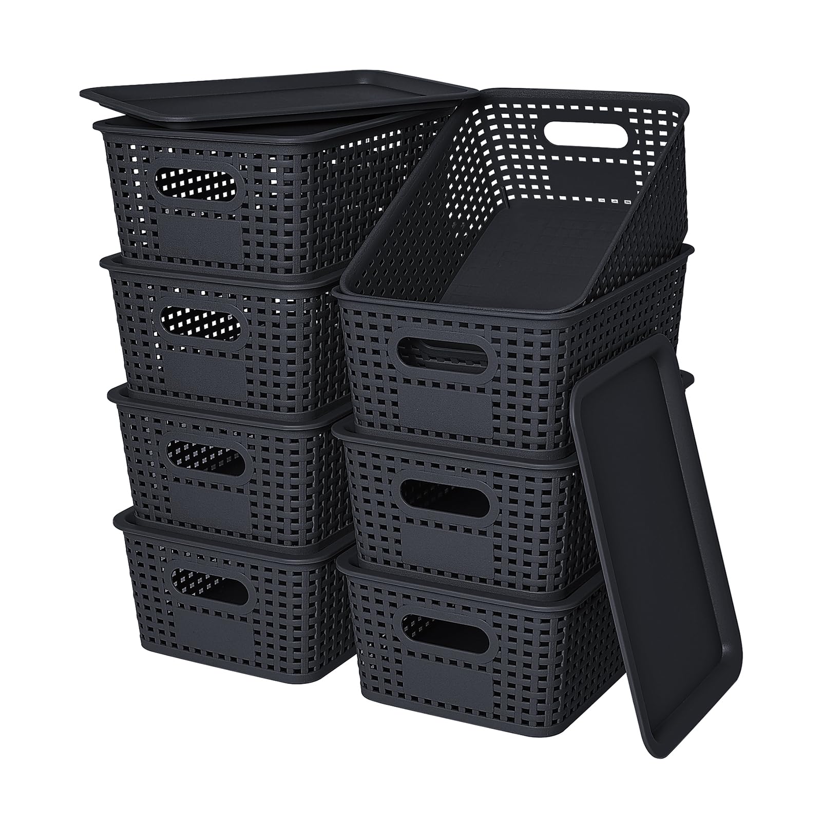 Stackable Plastic Storage Baskets with Lids - 8-Pack Black Organizing Bins (10.2x7.2x4.1 Inch) for Shelves, Drawers, Closet, Office, Classroom & Playroom - Perfect for Home Organization & Space Saving