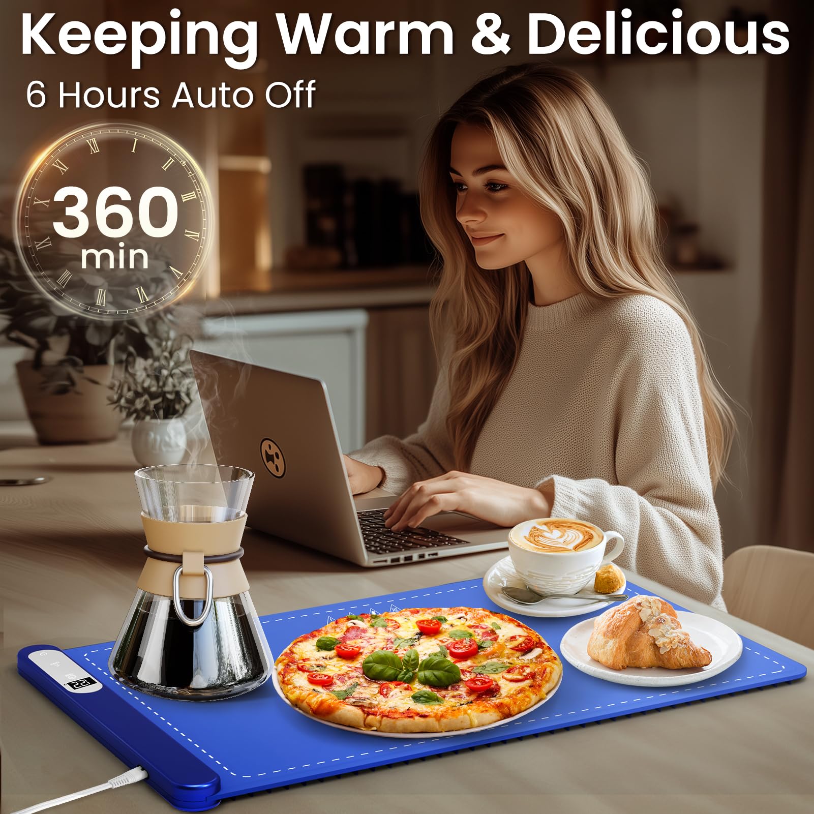 Electric Warming Tray with 6H Timer - Full Surface Heating Food Warmer, 6 Temperature Settings Portable Warming Mat for Buffet, Parties, Office & Home Use - Silicone Heating Mat for Keeping Meals Warm at Dinner Parties, Holiday Gatherings & Everyday Dining