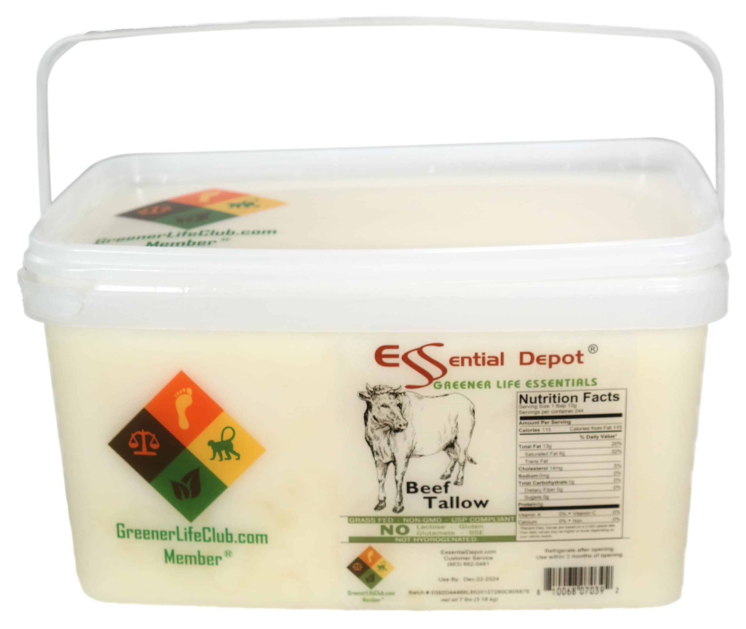 Premium Beef Tallow - 7 lbs USDA Approved, Freezer & Microwave Safe Square Pail with Resealable Lid & Removable Handle - Ideal for Cooking, Skincare, and Soap Making