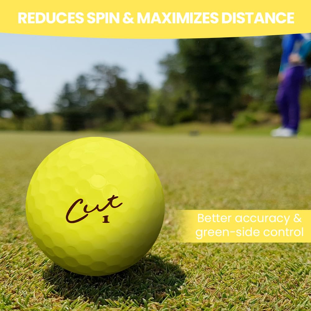 Cut Golf - Premium Soft Feel Distance Golf Balls (12 Pack) - Low Spin for Improved Accuracy & Greenside Control - High Visibility Matte Yellow - Perfect for Driving Range Practice & Tournament Play