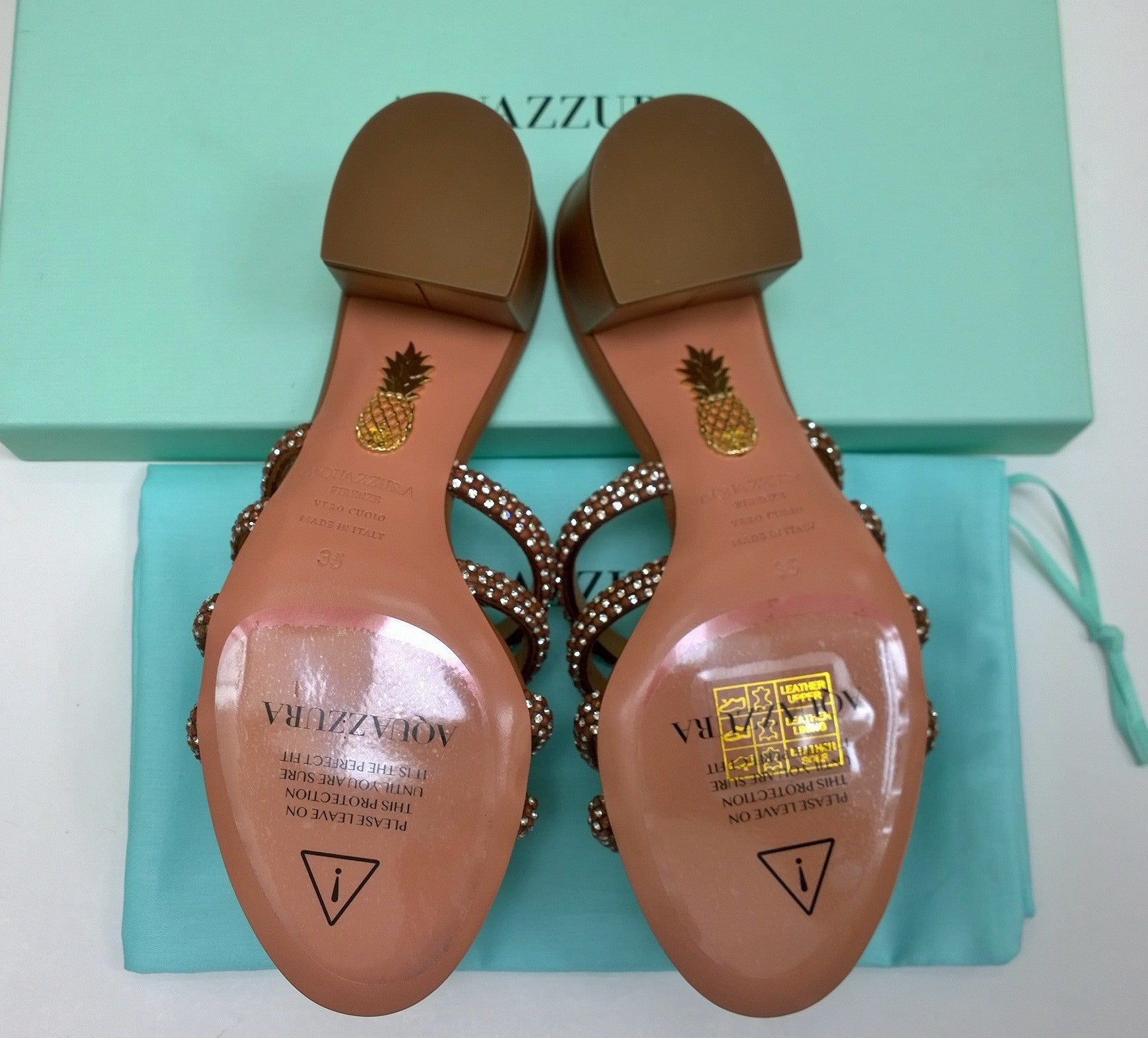 Aquazzura Moondust Crystal 50 Cuoio Tan Leather Rhinestone Sandals with Block Heel Slides - Perfect for Weddings, Parties & Summer Vacations