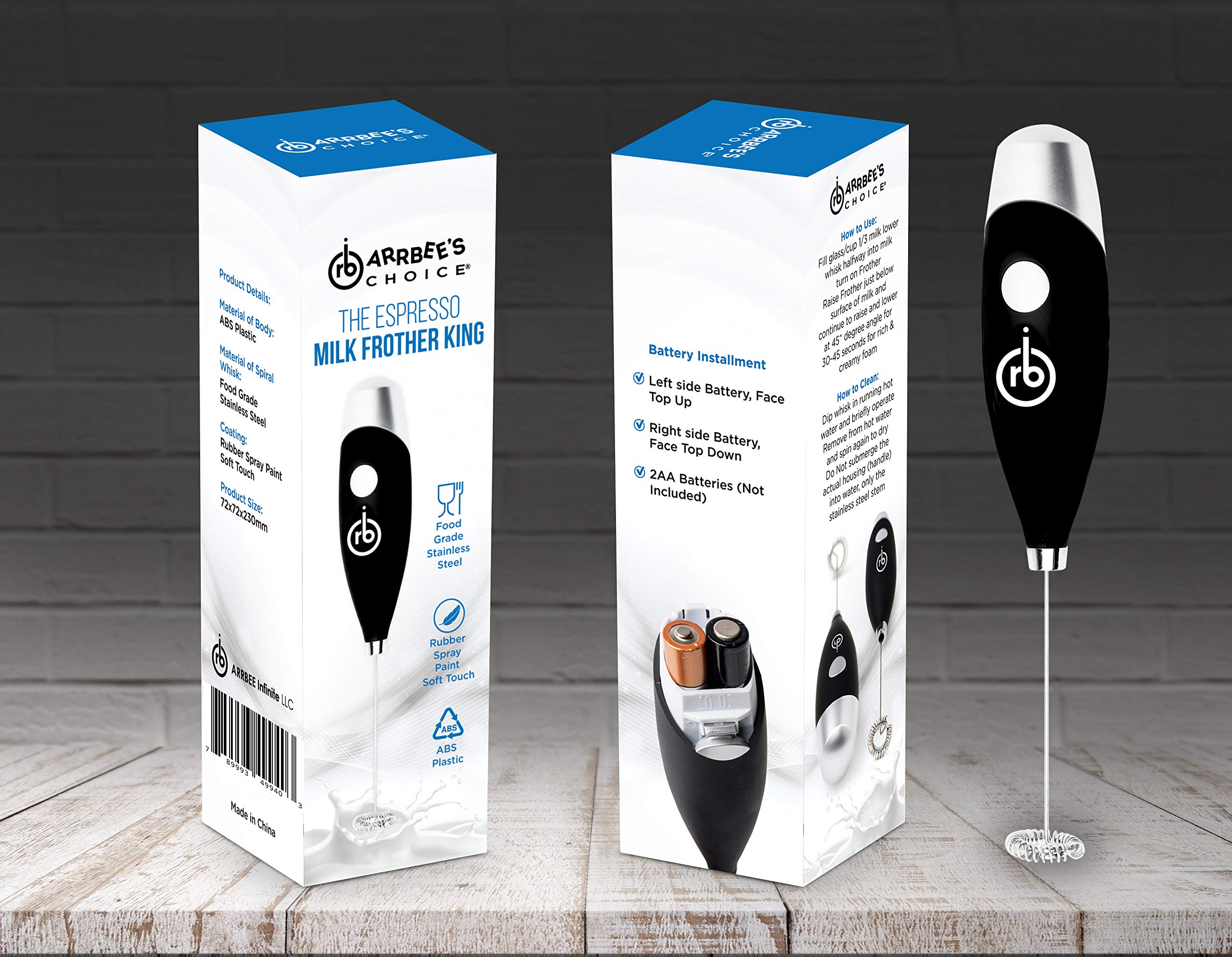 RB Arrbee's Choice Electric Milk Frother - Battery Powered Handheld Blender for Espresso, Latte, Whipped Cream & Egg Beating | Stainless Steel Whisk with Stand Included | Perfect for Coffee Shops, Home Baristas & Kitchen Use