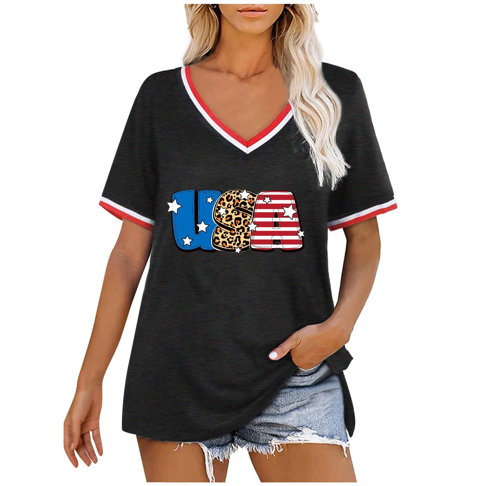 Ylioge Women's Black Casual Dress Shirt - 4th of July USA Flag Printed Short Sleeve V-Neck Pullover Top for Work, Party & Summer Outfits