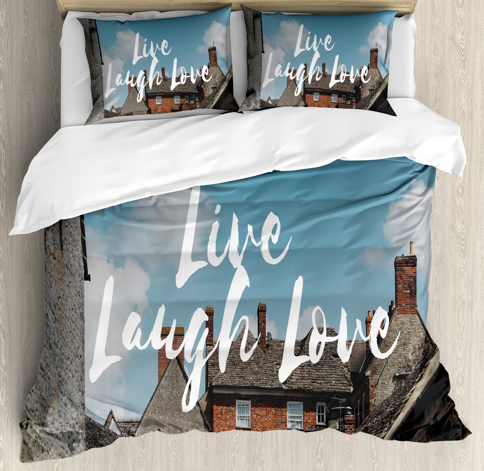 Ambesonne Live Laugh Love Duvet Cover Set - Rustic Country Houses with Brick Design, Calming Scenery & Inspirational Words, 3-Piece King Size Bedding Set with 2 Pillow Shams, Multicolor - Perfect for Farmhouse, Cottage & Cozy Bedroom Decor