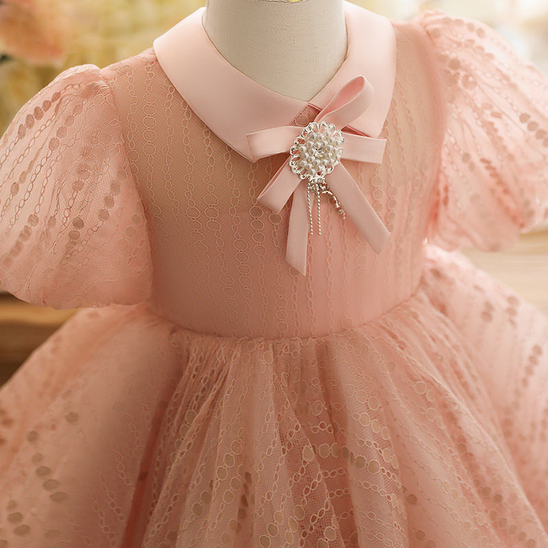 Pink Puff Sleeve Beaded Flower Princess Dress for Baby Girls - Perfect for Summer Parties, Photo Shoots & Special Occasions