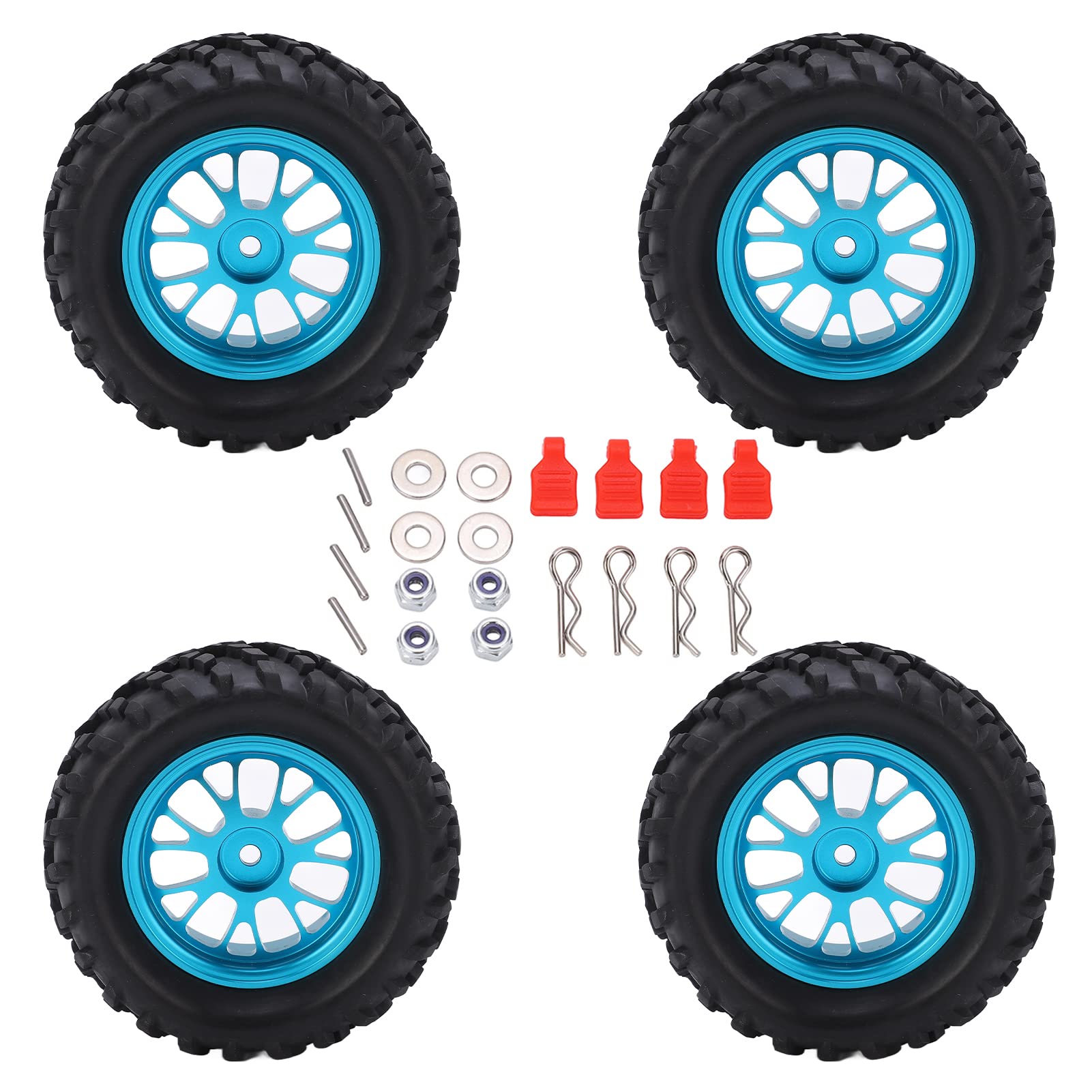 SUNGOOYUE 82mm RC Rubber Tires for Wltoys 144001 1/14 Scale RC Car - Front & Rear Wheel Rims Set (Blue) - Durable Upgrade Parts for Off-Road Racing and Drifting