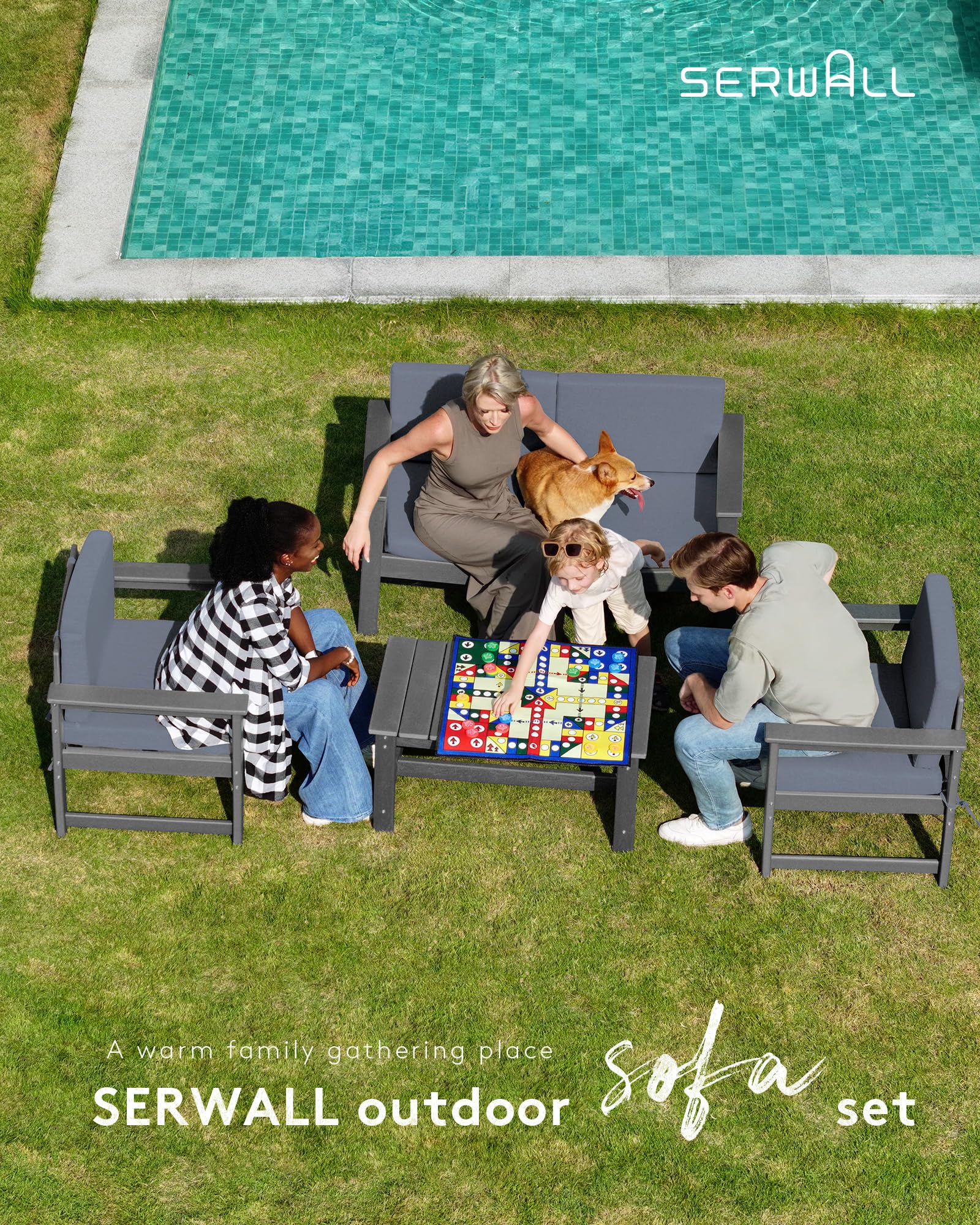 SERWALL 8-Piece HDPE Outdoor Patio Conversation Sofa Set with Weatherproof Cushions - All-Weather Loveseat & Coffee Table Furniture for Backyard, Garden, Poolside (Grey Frame & Grey Cushions) - Perfect for Entertaining, Relaxing & Outdoor Social Gatherings