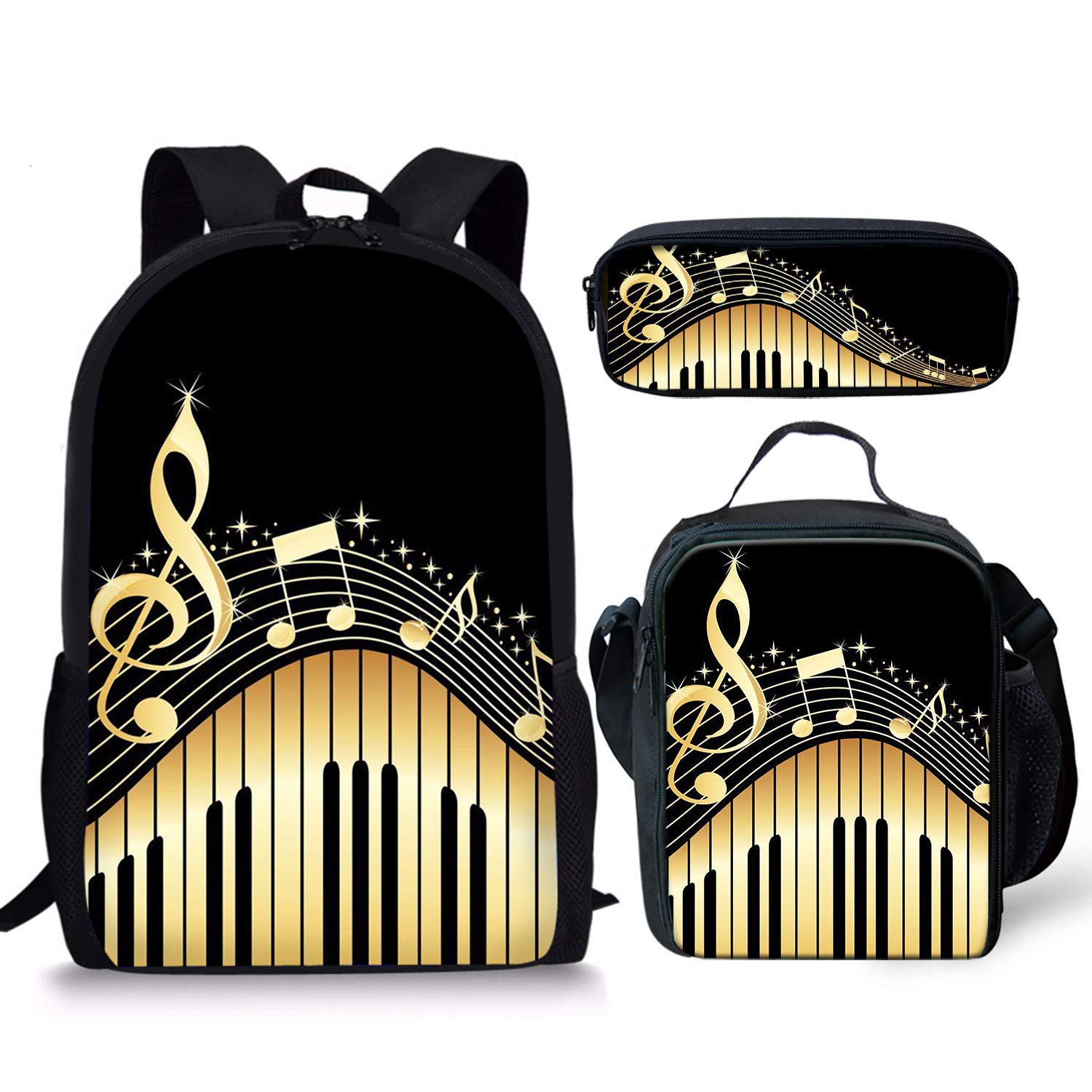3-Piece Music Note Themed Backpack Set for Kids - Piano Design School Backpack, Lunch Bag & Pen Pouch - Lightweight Daypack for Boys & Girls - Perfect for School, Travel & Music Lessons