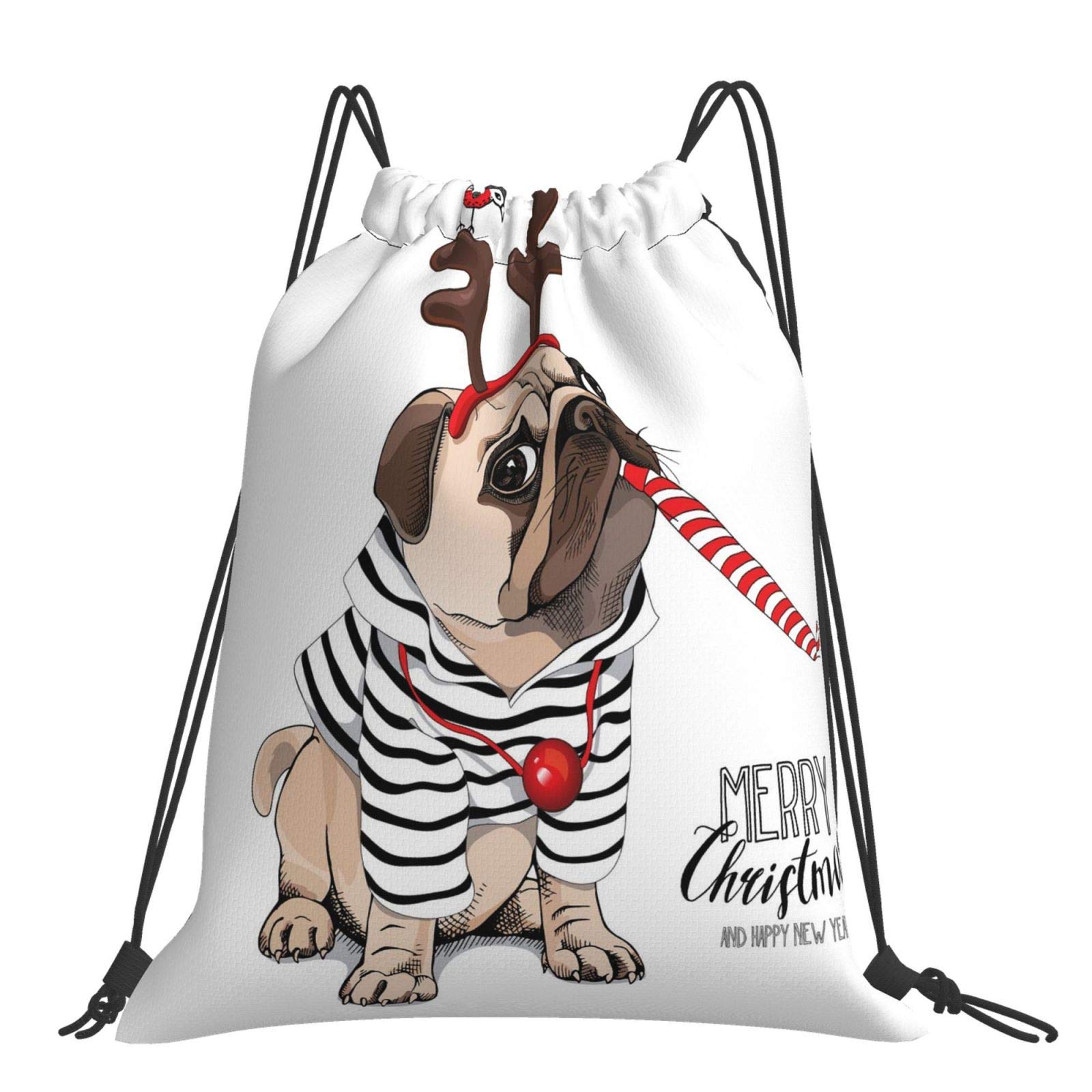 Wozukia Pug Dog Drawstring Backpack - Striped Cardigan & Deer Horn Mask Design with Red Party Whistle - Lightweight Large Capacity Gym Bag for Sports, Travel, Shopping & Beach