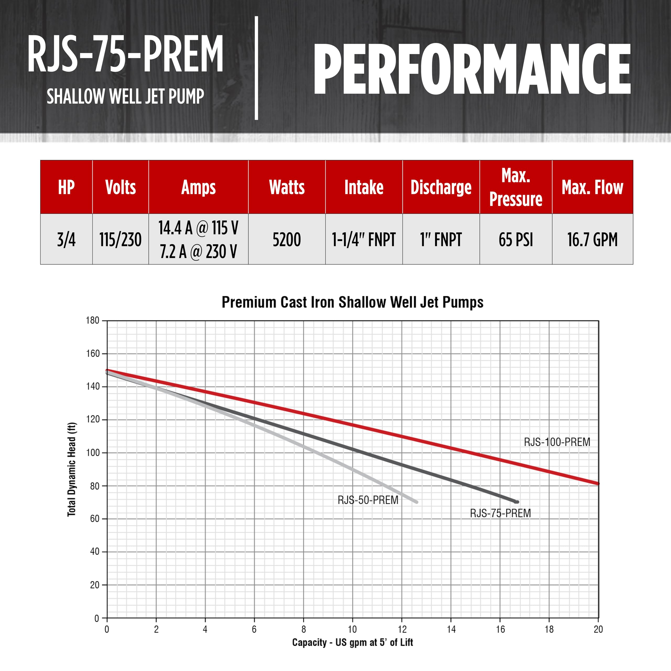 Red Lion RJS-75-PREM 3/4 HP Cast Iron Shallow Well Jet Pump - 16 GPM, 115/230V, Premium Performance - Perfect for Residential Water Supply, Irrigation Systems & Farm Use