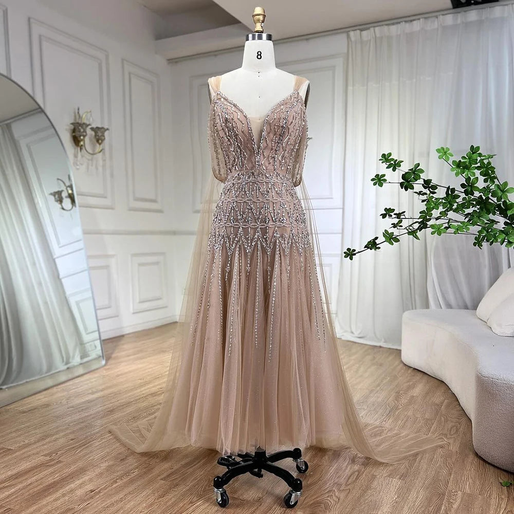 Luxury Dubai Arabic Nude A-Line Midi Strapless Beaded Evening Dress Gown for Women - Wedding, Party, Prom, Formal Occasions LA71911