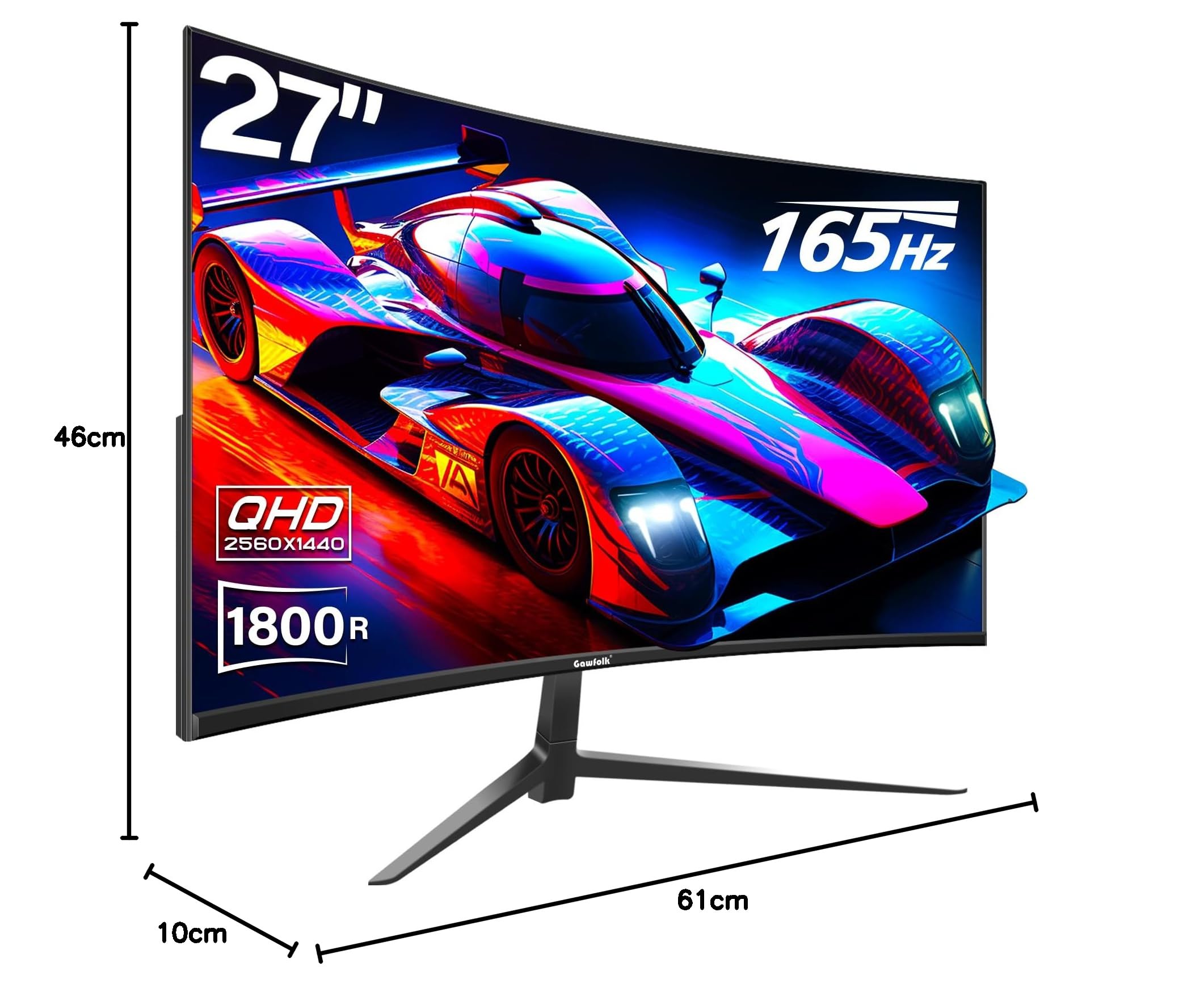Gawfolk 27 Inch Curved Gaming Monitor QHD 165Hz, 2560x1440P Widescreen PC Monitor, 1800R Frameless Design with VESA, DP & HDMI - Perfect for Esports, Streaming & Home Office Setup