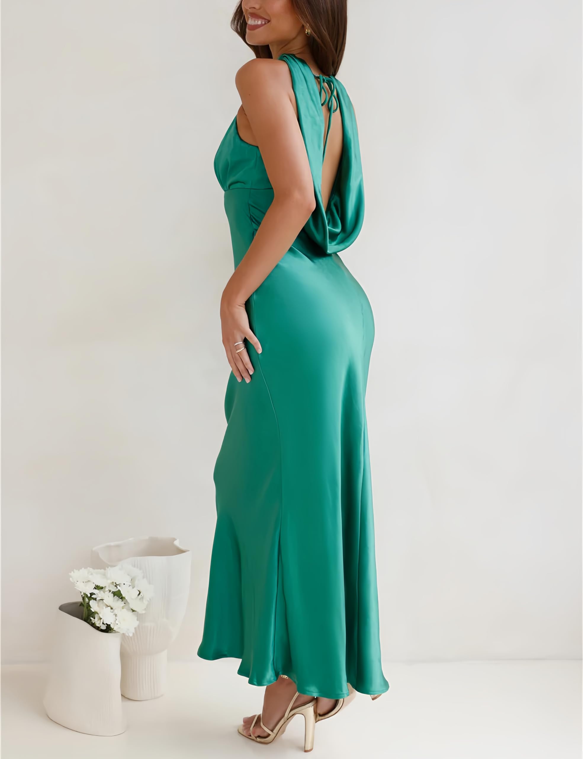 2024 Elegant Satin Cutout Halter Neck Midi Dress - Silk Sexy Sleeveless Backless Formal Gown with Empire Waist for Wedding Guest, Party, Cocktail & Special Occasions