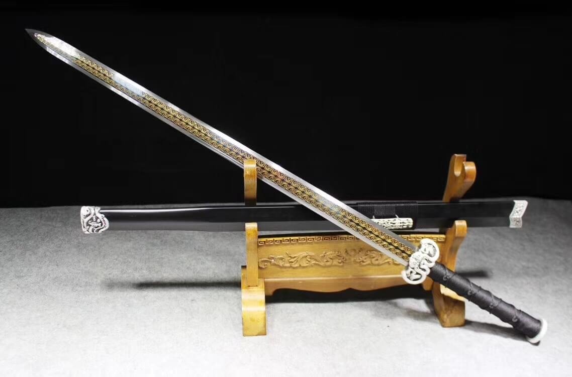 Hand Forged Chinese Han Jian Sword - High Manganese Steel Blade with Black Wood Handle & Alloy Fittings - Heat Tempered for Durability - Perfect for Martial Arts Training, Historical Reenactments, and Collection Display