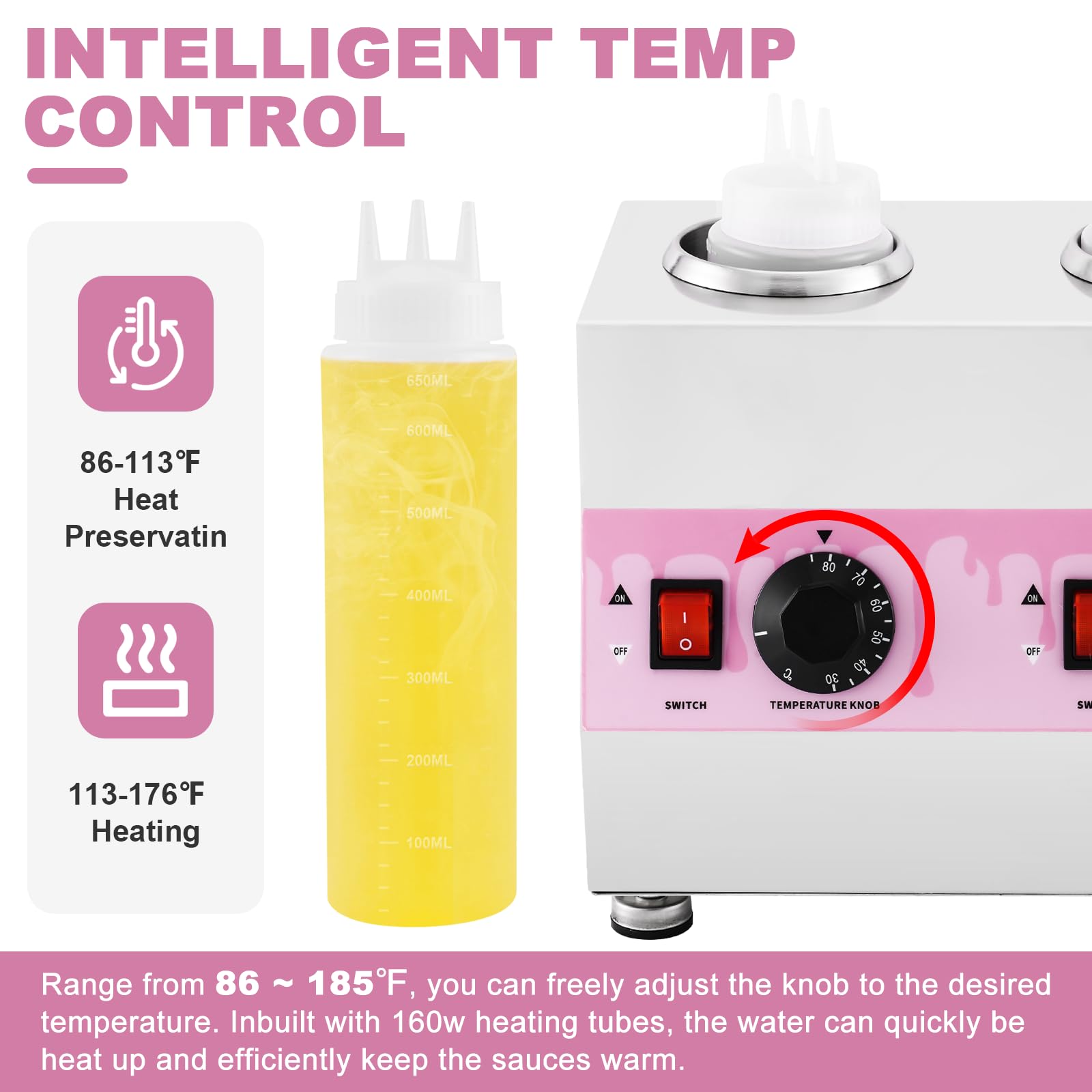 Electric Cheese Sauce Warmer & Hot Fudge Dispenser - 22OZ Nacho Cheese Warmer Machine with Temperature Control (86-185°F) - Perfect for Restaurants, Cinemas & Home Use - 110V Commercial Jam Heater for Preserving Sauces