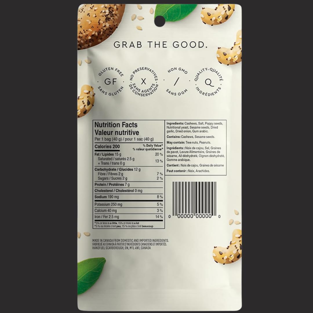 Handfuel Everything Bagel Cashews - Hand Roasted Salted Cashews with 7g Protein | Canadian Made Plant Based Flavored Nuts | 40g Per Pouch (12 Count) | Perfect for Snacking, Gifts & Healthy On-the-Go Lifestyle
