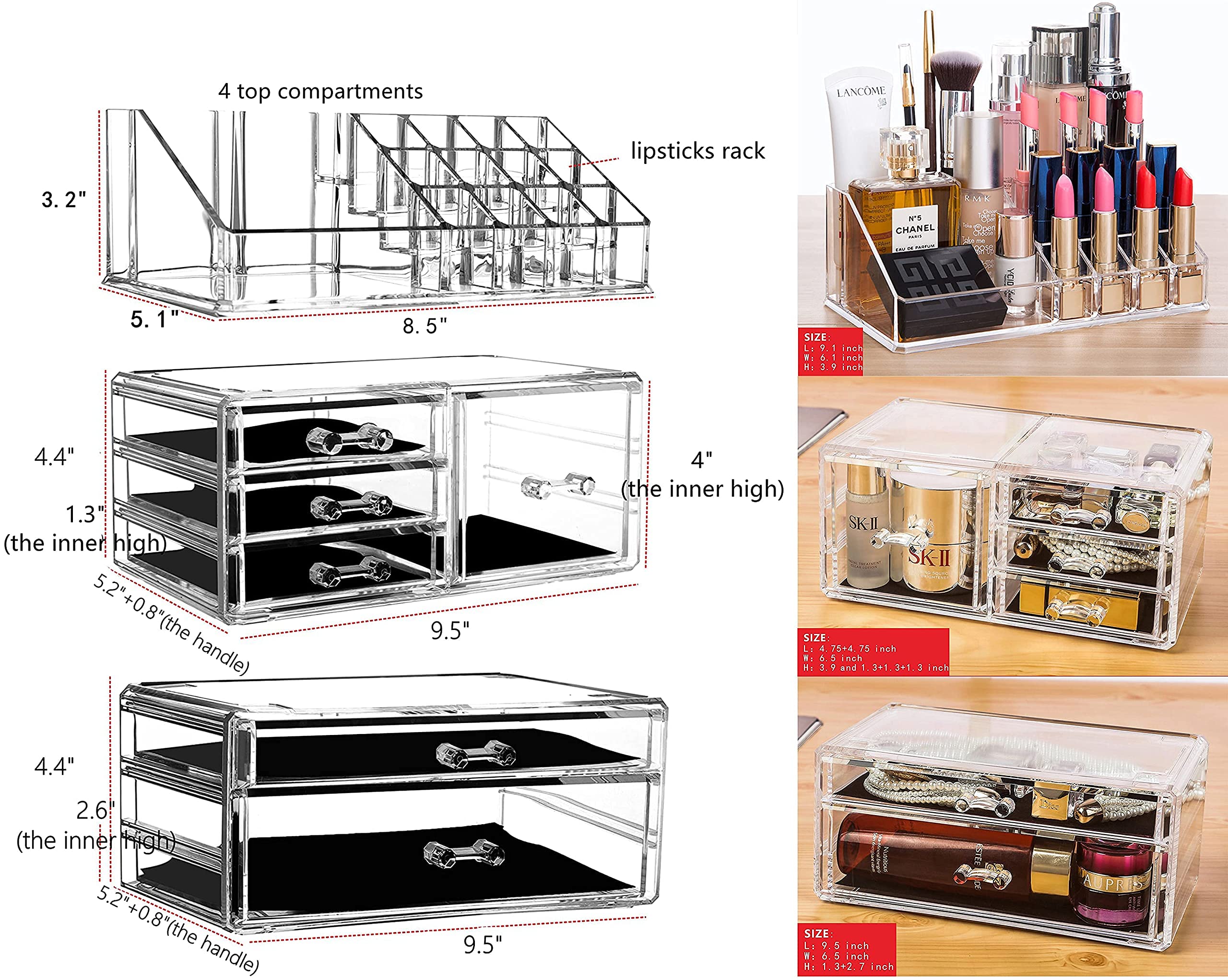 3-Pack Clear Acrylic Makeup Organizer with 6 Stackable Drawers - Skincare, Jewelry & Beauty Product Storage for Vanity, Desk, Bathroom & Bedroom Organization