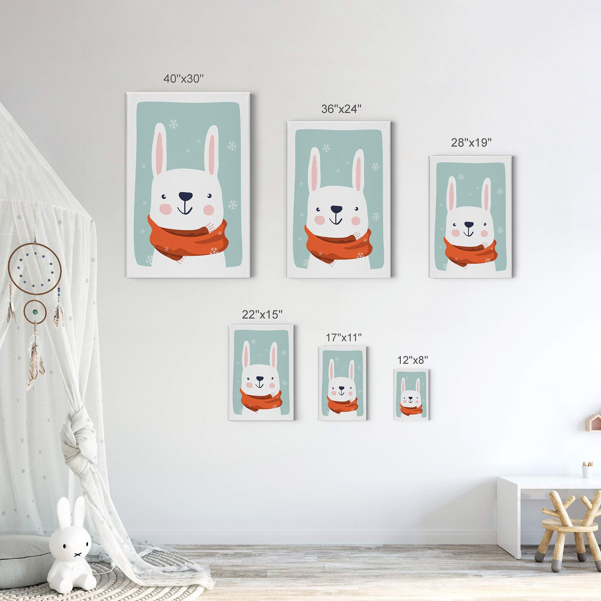 Cute Rabbit Winter Theme Canvas Print - Turquoise Background Wall Art for Kids Room, Nursery & Baby Room Decor - Ready to Hang 17x11 Made in USA | Perfect for Children's Bedroom, Playroom & Gift Ideas