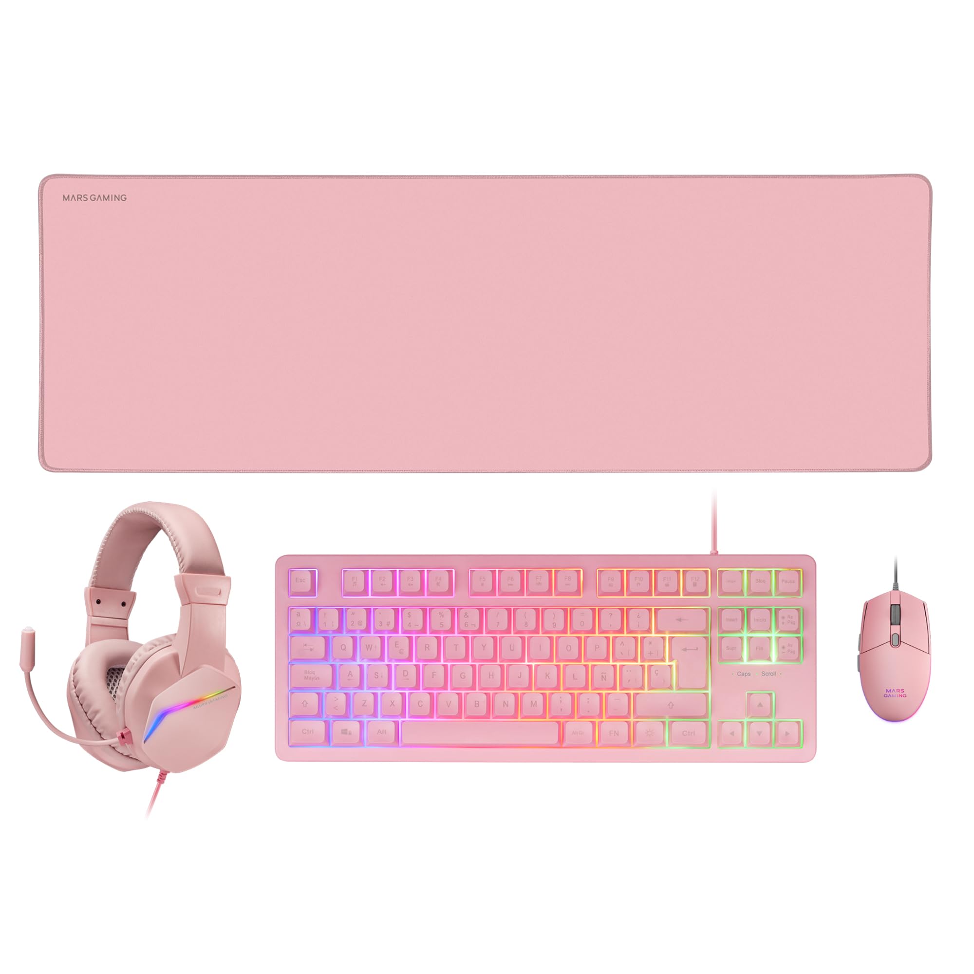 MARSGAMING MCP-RGB3 Gaming Keyboard and Mouse Combo with RGB Lighting, 3200 DPI Optical Gaming Mouse, Over-Ear RGB Headset & XXL Mousepad - Pink (French Layout) - Perfect for PC Gaming, Streaming & Esports