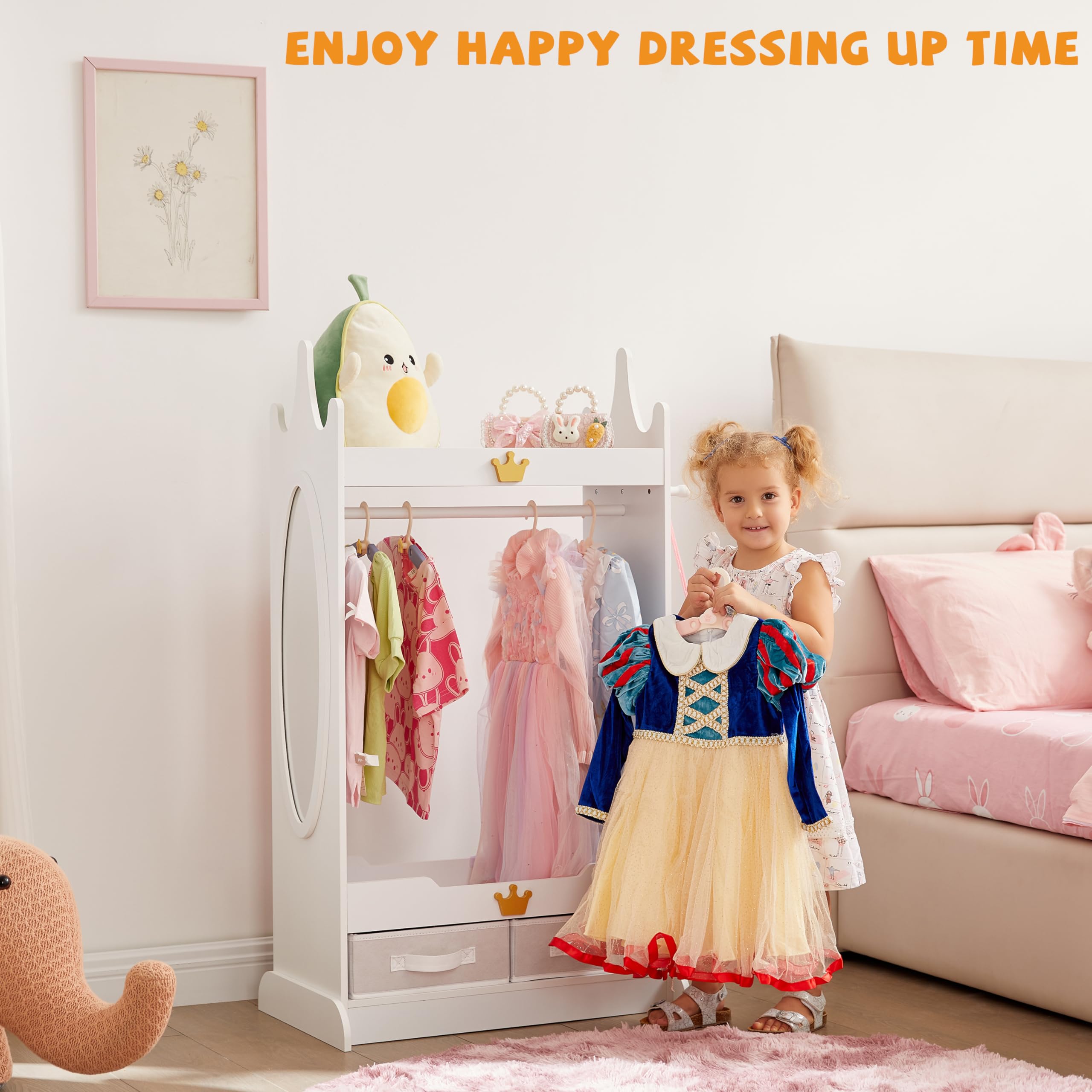 Kids Dress Up Storage Armoire with Mirror & 2 Non-Woven Drawers - White Costume Closet with Hanging Rack for Toddlers | Perfect for Bedroom, Playroom & Dress-Up Organization
