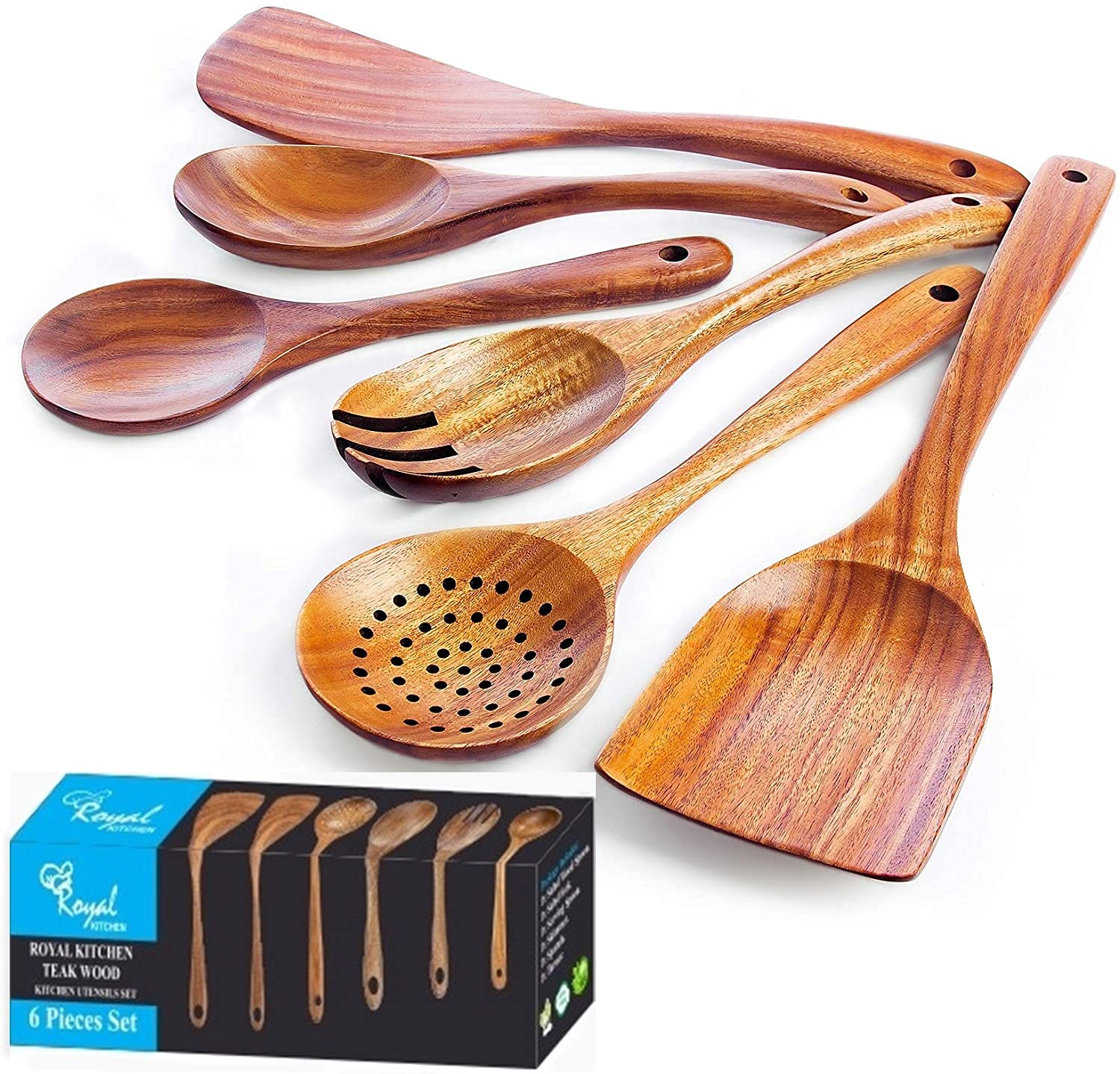 Premium Wooden Kitchen Utensil Set - 6-Piece Non-Stick Safe Cooking Tools with Wooden Spoons & Spatulas for Baking, Stirring & Serving - Ideal for Home Chefs & Eco-Friendly Kitchens