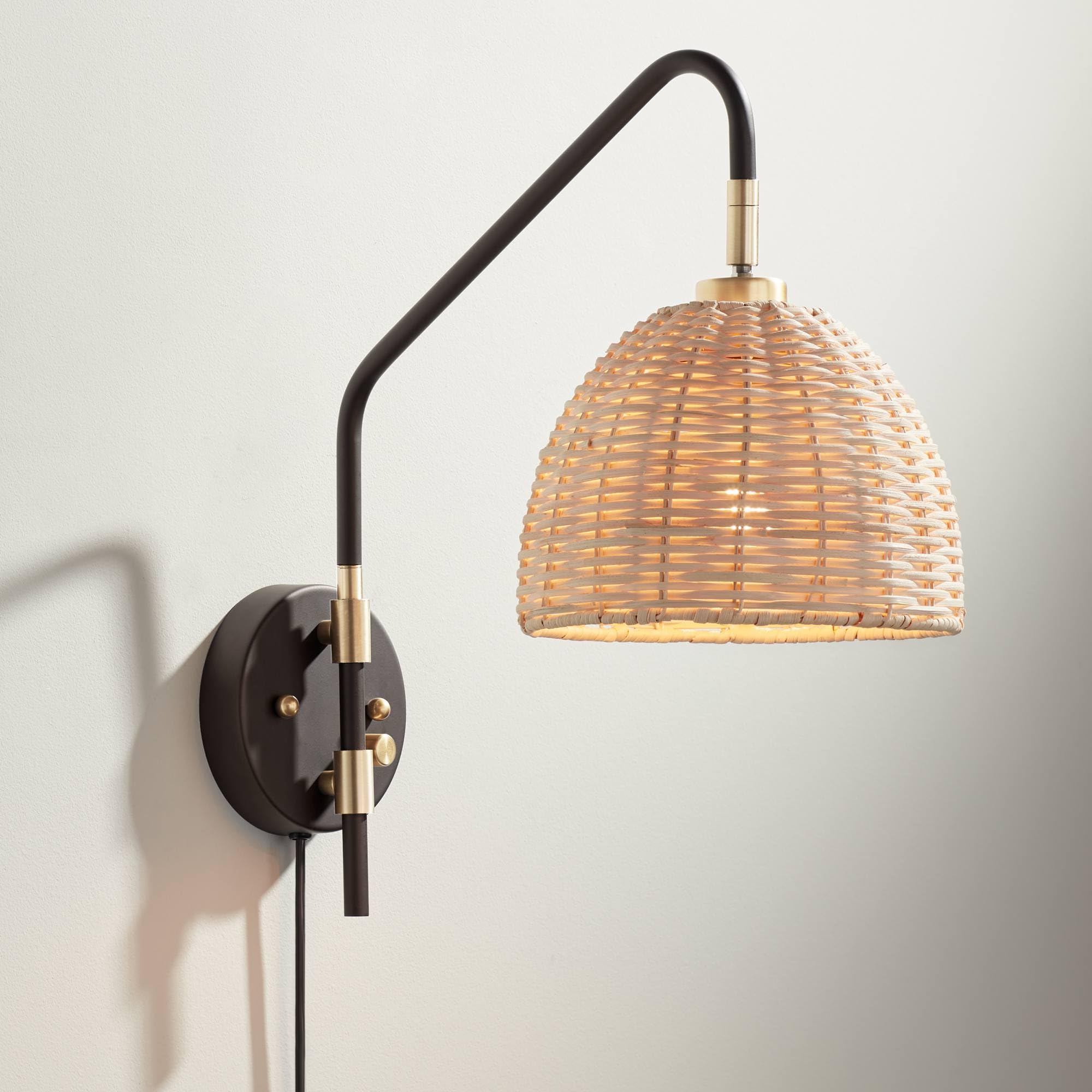 Barnes and Ivy Vega Modern Coastal Cottage Swing Arm Adjustable Wall Lamp - Deep Bronze Brass Plug-in Light Fixture with Natural Rattan Shade for Bedroom, Living Room, Reading Nook | Coastal Decor, Bedside Lighting, Housewarming Gift
