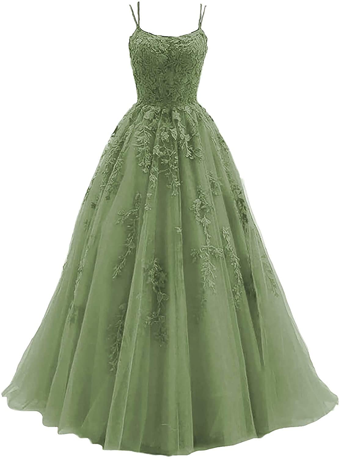 Elegant Women's Lace Applique Prom Dresses with Long Spaghetti Straps - Ball Gown Tulle Formal Evening Party Dress for Homecoming, Wedding, Quinceanera & Special Occasions
