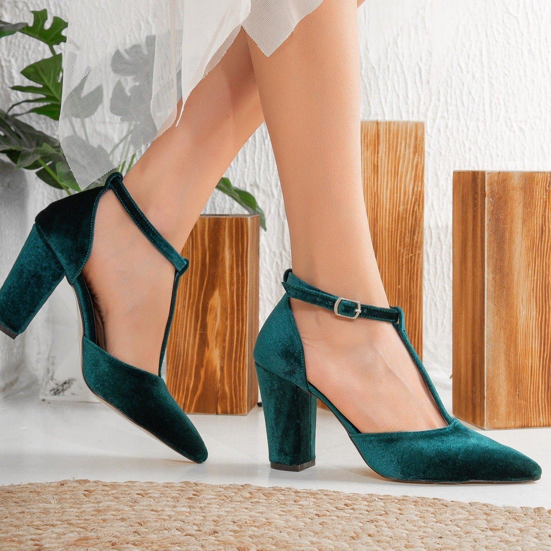 Angelique Green Velvet Wedding Heels for Bride - Elegant High Heel Shoes for Bridal Party, Prom & Formal Events