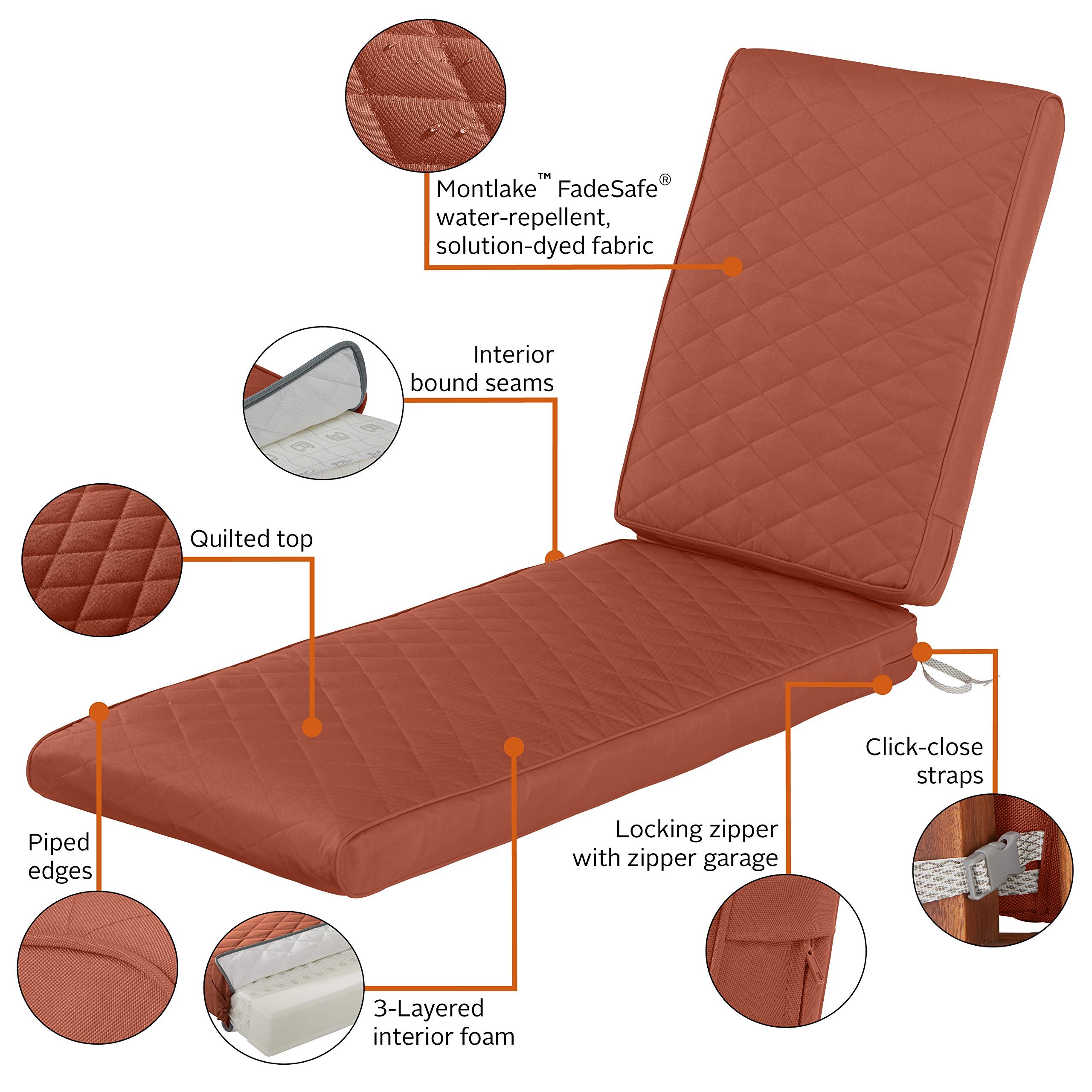 Classic Accessories Montlake Outdoor Chaise Lounge Cushion 80x26 - FadeSafe, Water-Repellent, Quilted Spice - Perfect for Patio, Poolside, and Garden Relaxation