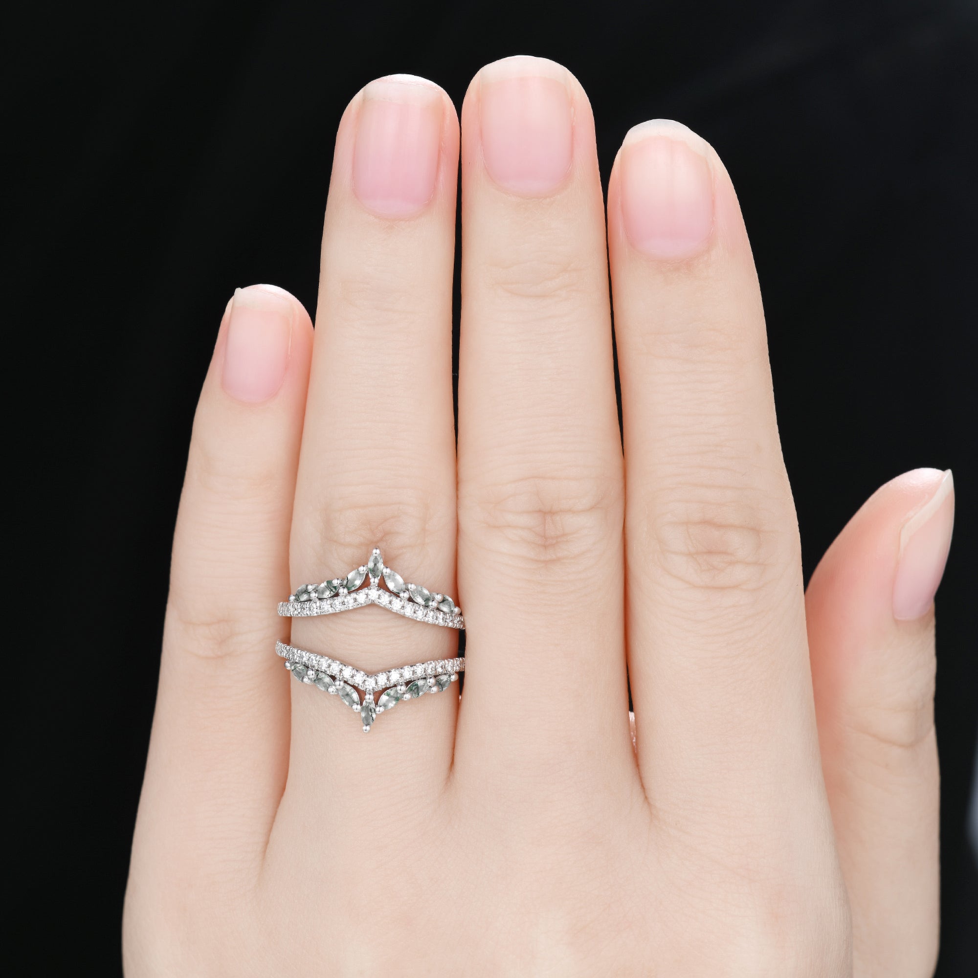 Marquise Moss Agate Chevron Wedding Ring Guard - Elegant Stackable Wedding Band for Women | Perfect for Bridal Jewelry, Anniversary Gifts & Special Occasions