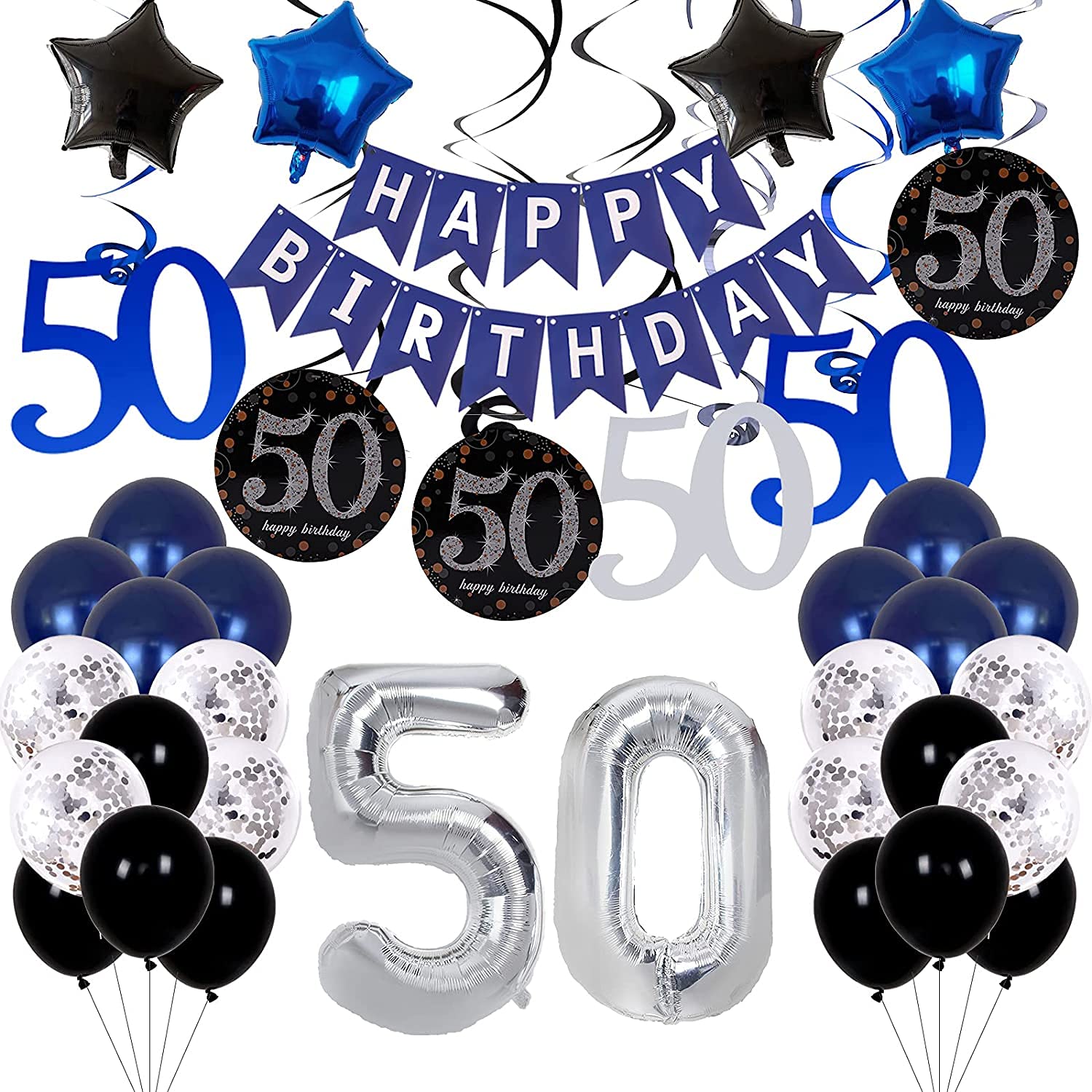 50th Birthday Party Decorations Set for Men & Women - Blue & Gold Happy Birthday Banner, Balloons, Party Supplies - Perfect for 50th Birthday Celebrations, Milestone Parties & Anniversary Decorations