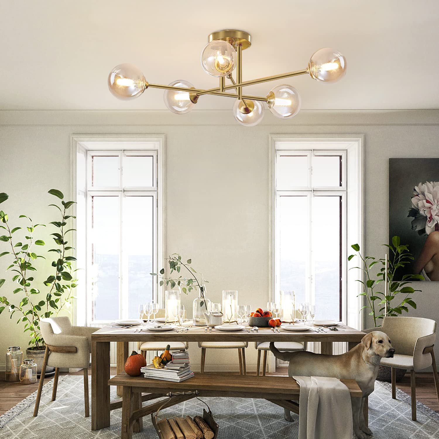 6-Light Antique Brass Sputnik Ceiling Light - Mid Century Modern Gold Flush Mount Lighting Fixture for Bedroom, Living Room & Dining Room