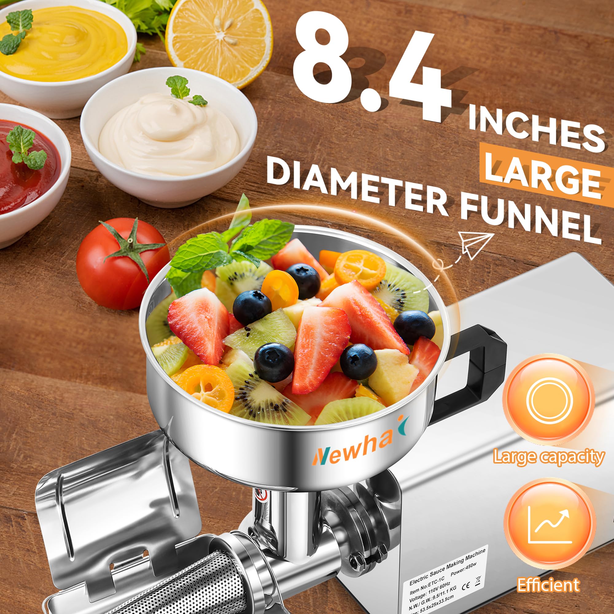 Newhai 450W Electric Tomato Strainer - Professional Grade Kitchen Tool for Making Sauces, Purees & Juices - Perfect for Home Canning, Italian Cooking & Restaurant Use