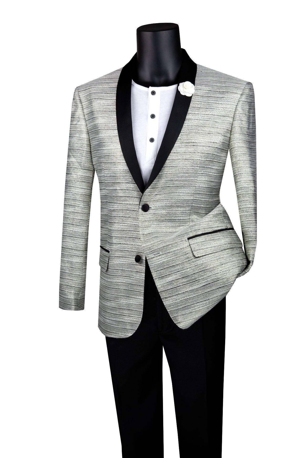 Silver Metallic Stripe Slim Fit Jacket with Black Shawl Lapel - Stylish Formal Blazer for Men's Office Wear & Evening Events