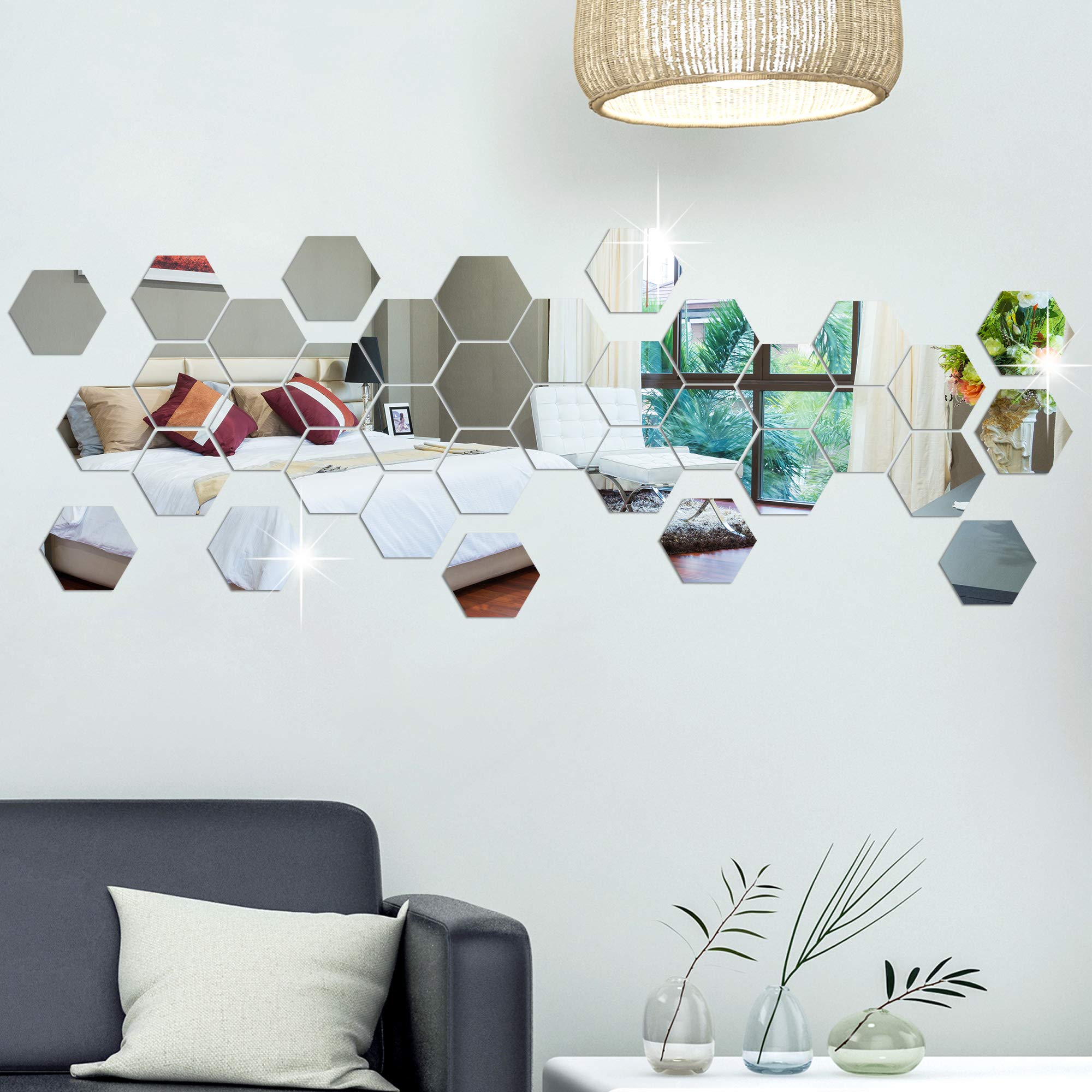 36PCS Removable Acrylic Mirror Wall Decals - Silver Hexagon Wall Stickers for DIY Home Decor | 3D Self-Adhesive Hexagonal Mirror Tiles | Perfect for Bedroom, Living Room, Bathroom & Sitting Room Wall Art Decoration